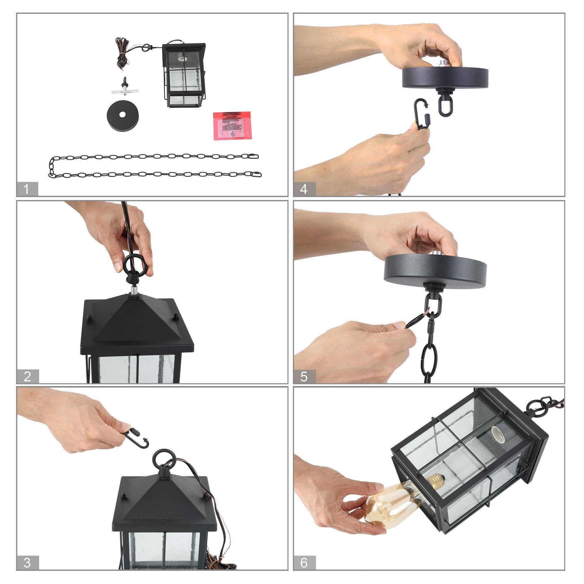 Black Adjustable Farmhouse Outdoor Pendant Light - Square Hanging Lantern with Seeded Glass & Chain for Front Door, Porch, Gazebo - Weatherproof Exterior Lighting for Patio, Garden & Entryway