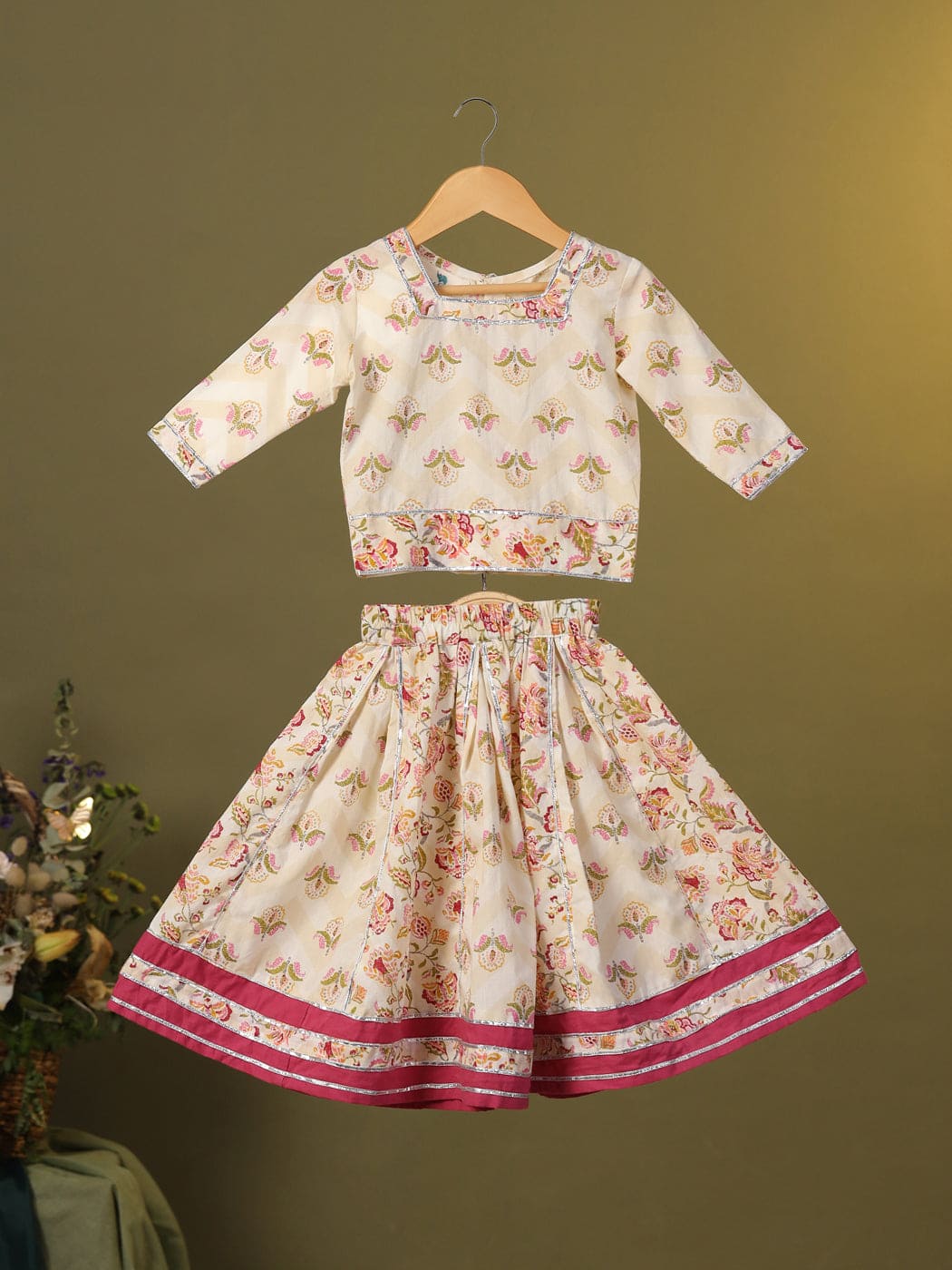 Pre Order Floral Skirt and Top Set for Girls in Beige - Perfect for Spring Outfits, Photo Shoots & Special Occasions