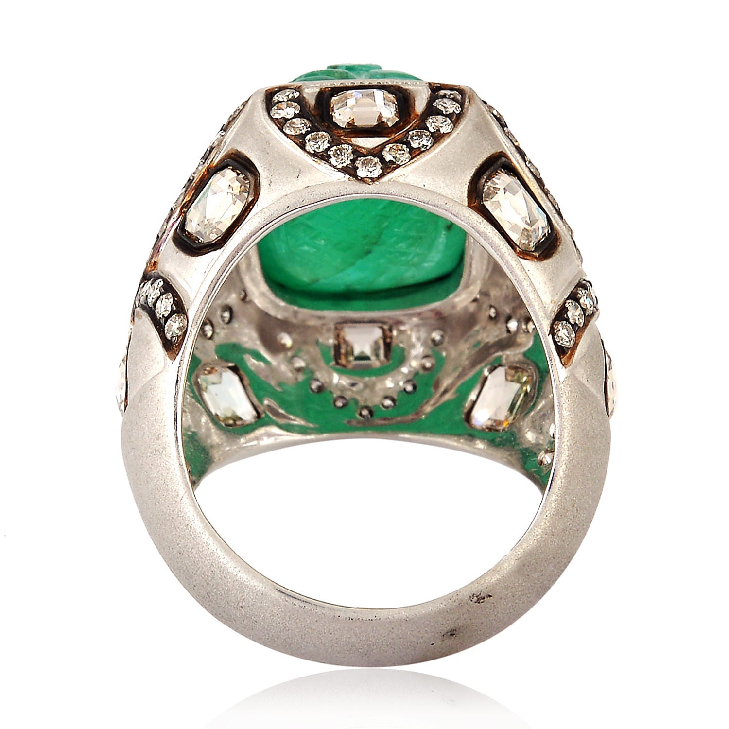 18K White Gold Vintage Cocktail Ring with Carved Emerald and Uncut Diamonds – Perfect for Evening Parties and Special Occasions