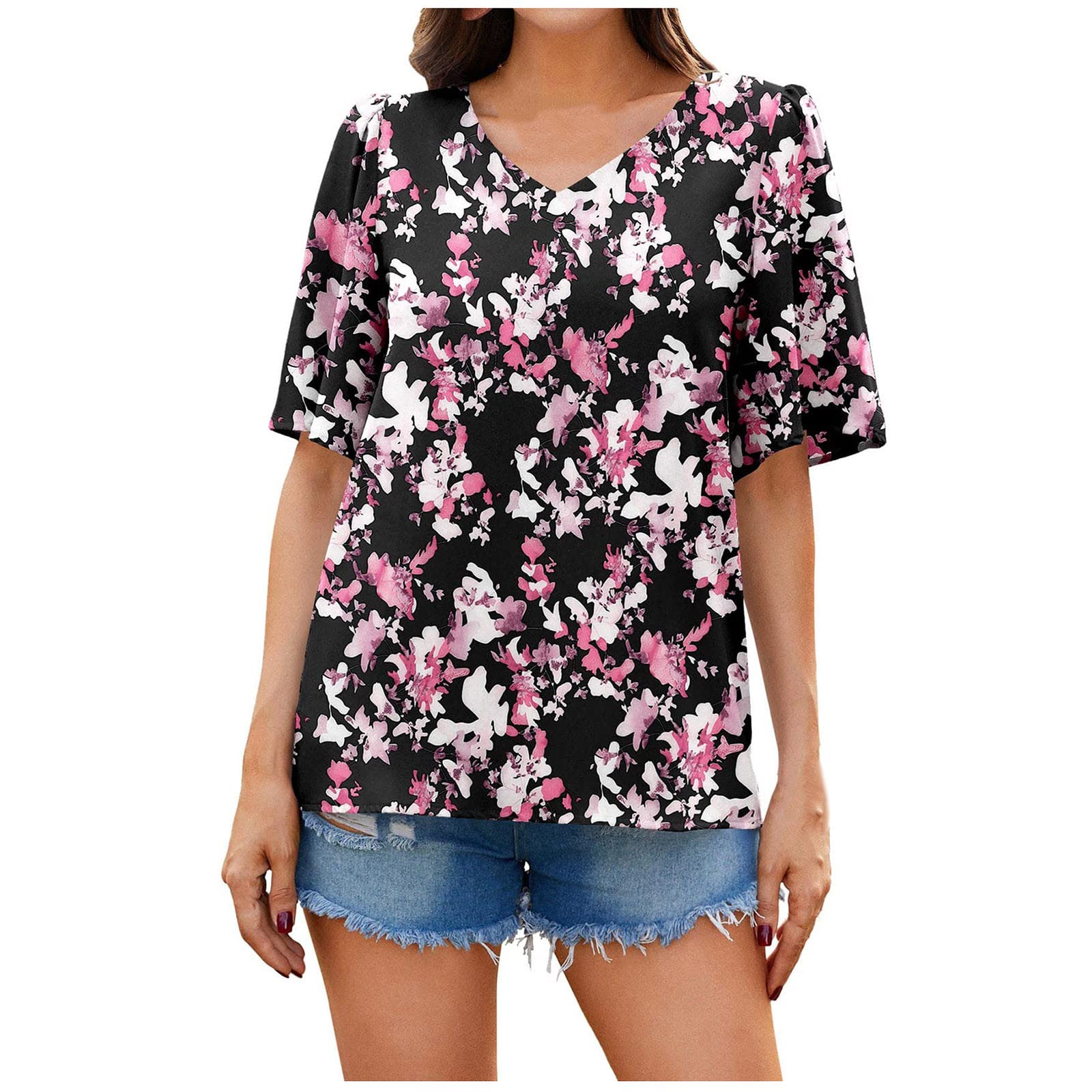 Women's Trendy V-Neck T-Shirts - Cute Flowy Short Sleeve Blouses & Tunic Tops for Casual Wear | Hide Belly Comfort Shirts for Everyday Outfits, Work & Weekend