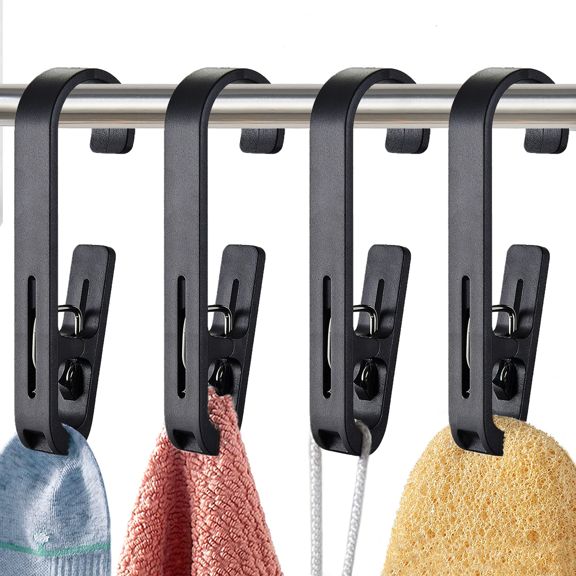 XoYoZo 4Pcs Laundry Hooks with Clips - Hanger Organizer for Socks, Bras & Towels - Bathroom, Wardrobe & Kitchen Use (Black)