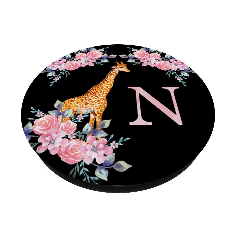 Giraffe Rose Pink Watercolor Monogram Letter N PopSockets Swappable PopGrip - Custom Phone Grip Stand for iPhone, Samsung & More - Perfect for Everyday Use, Travel & Selfies