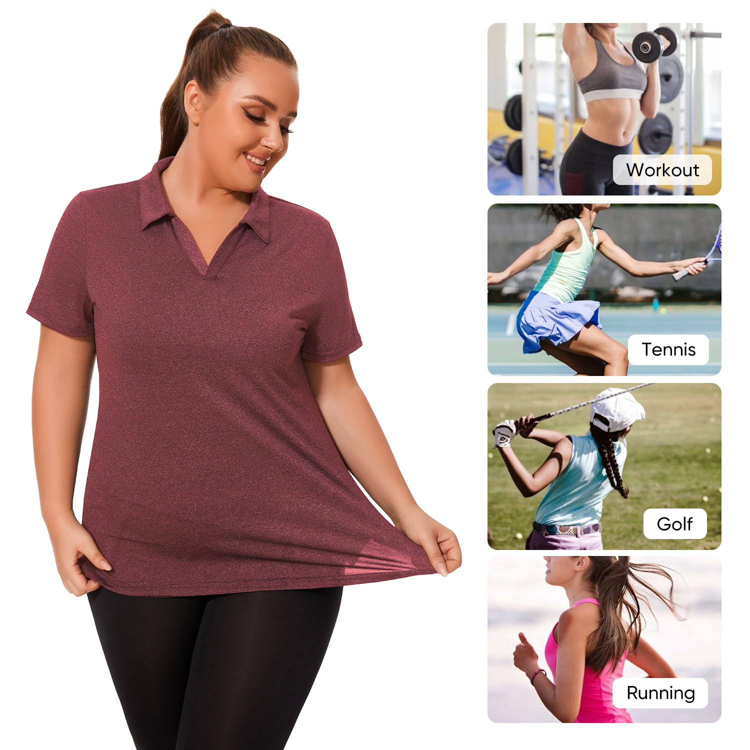 **Plus Size Polo Shirts for Women - Short Sleeve V-Neck Golf & Tennis Shirts - Loose Fit Quick-Dry Workout Tops for Casual, Sports & Outdoor Activities**