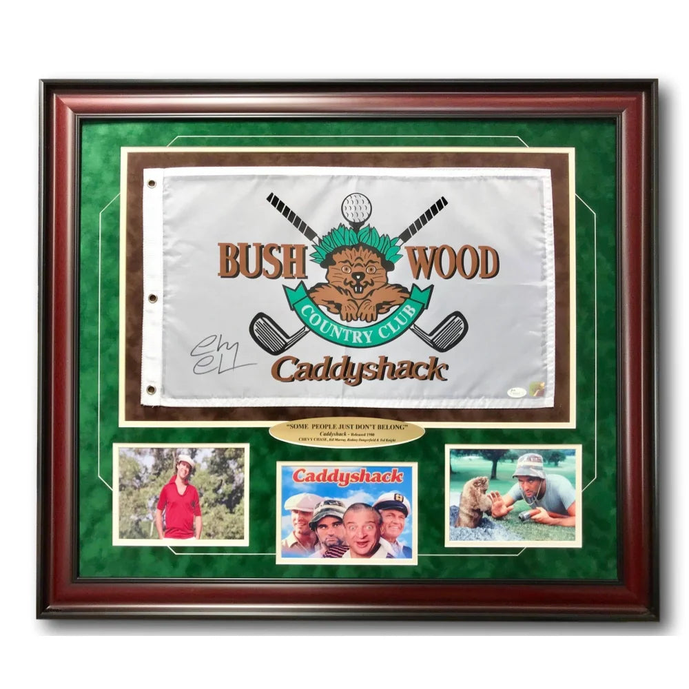 Authentic Chevy Chase Signed Caddyshack Memorabilia - Framed Flag Collage with COA & JSA Certification - Bushwood Country Club Pin - Perfect for Movie Collectors & Golf Lovers