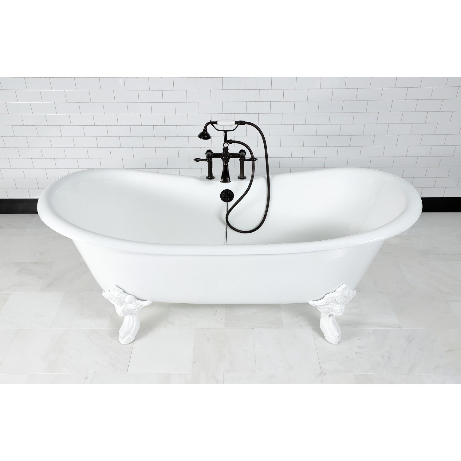 72 Inch White Cast Iron Oval Double Slipper Clawfoot Bathtub with 7 Inch Faucet Drillings - Vintage Freestanding Soaking Tub for Luxury Bathroom & Spa Retreat