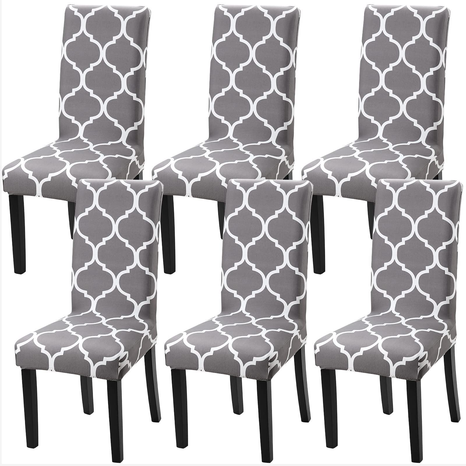 Stretch Spandex Dining Chair Covers - Washable & Removable Parson Chair Slipcovers for Kitchen, Dining Room - Set of 6 (Gray/White) - Perfect for Home, Restaurant & Office Use