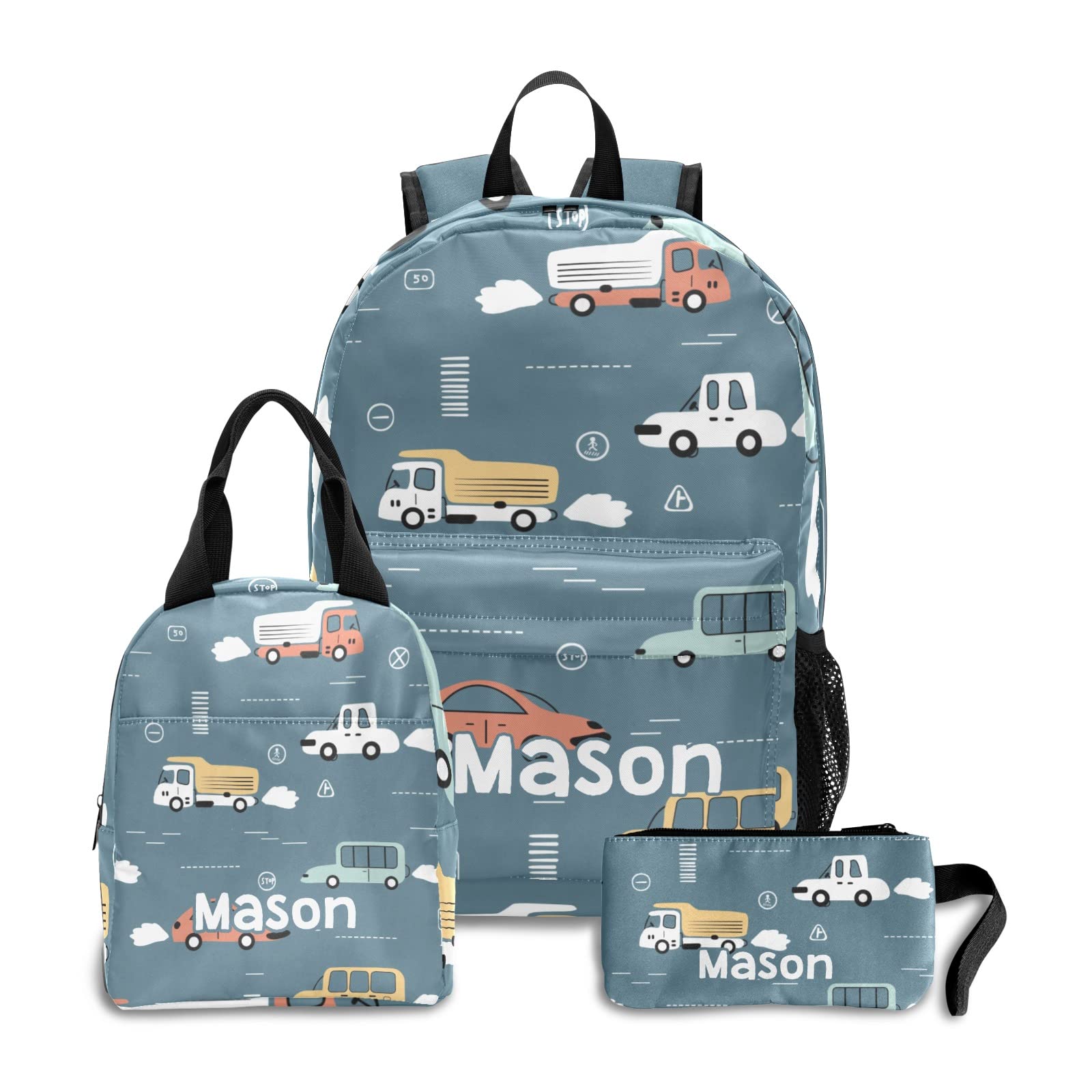 **Personalized Car Themed Backpack Set for Teens - Lunch Box & Pencil Pouch Included - Custom Travel Backpack & Bookbag Gift for School, Travel & Outdoor Adventures**