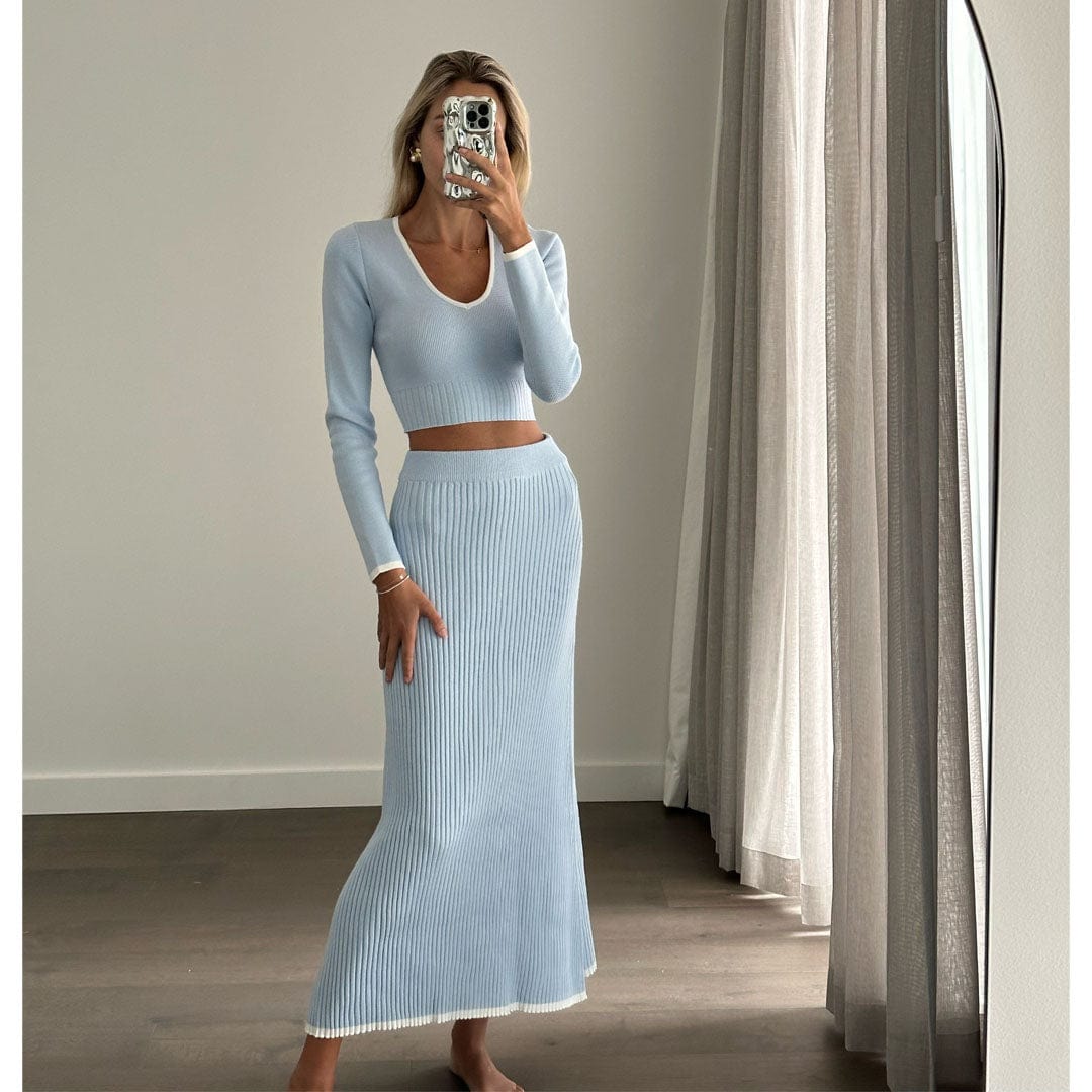 ANIKA Baby Blue Long Sleeve Cropped Knit Top for Women - Soft Stretch Casual Pullover Sweater - Perfect for Fall Outfits, Date Nights & Layering