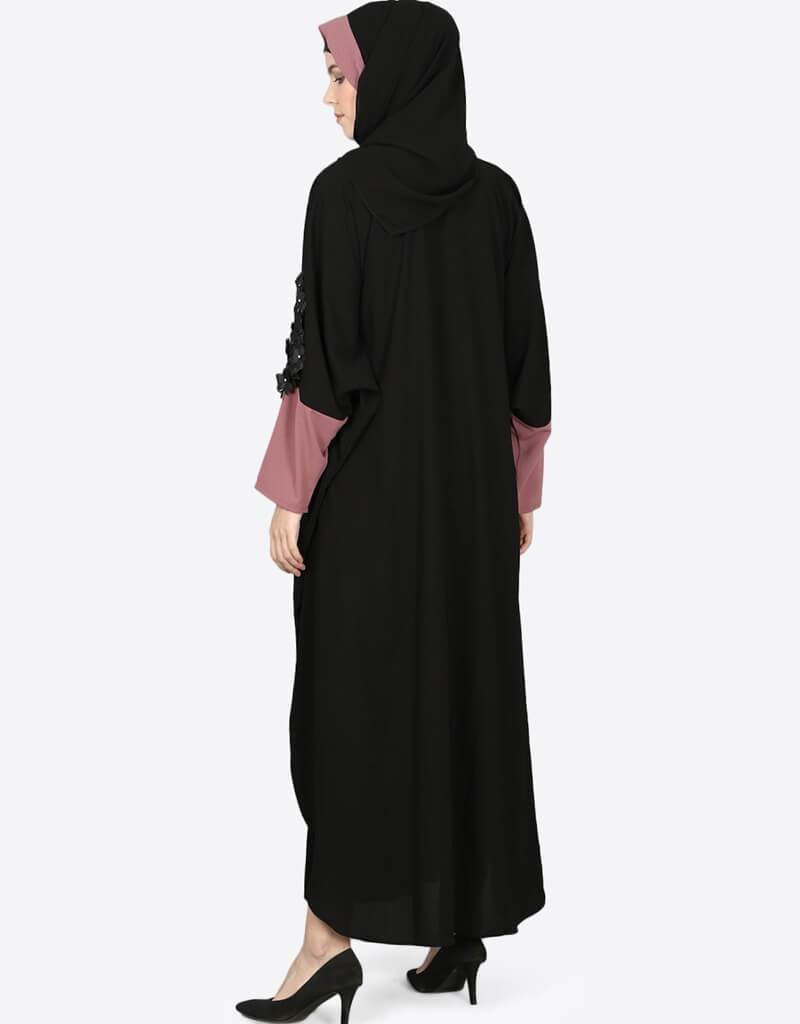 Stylish Arabic Patch Contrast Cuff Black Kaftan - Elegant Embroidered Long Dress for Women - Perfect for Eid, Weddings & Special Occasions