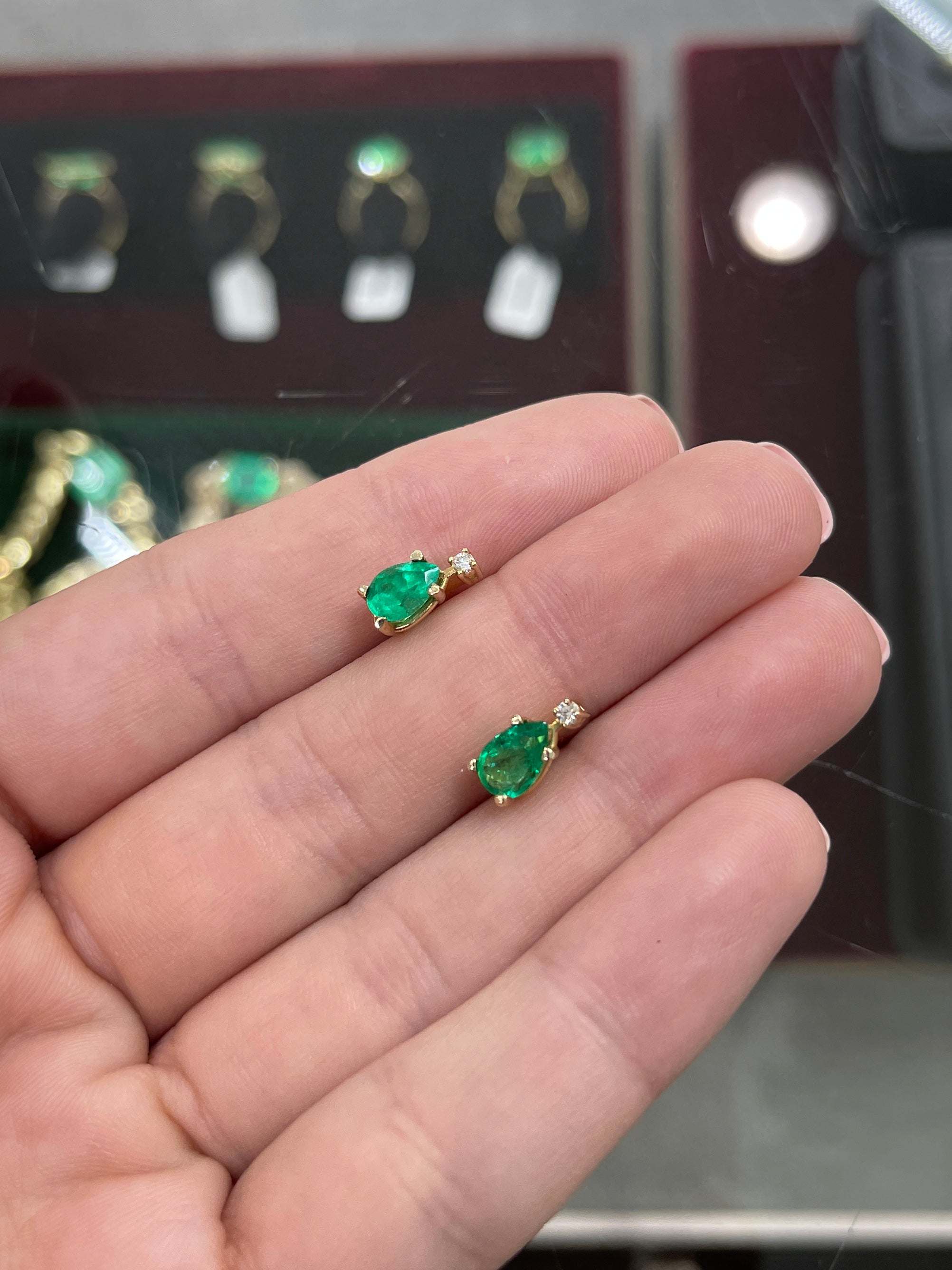 1.41tcw 14K Gold Colombian Emerald and Diamond Stud Earrings - Pear Cut Natural Gemstone Jewelry for Women, Perfect for Weddings & Special Occasions