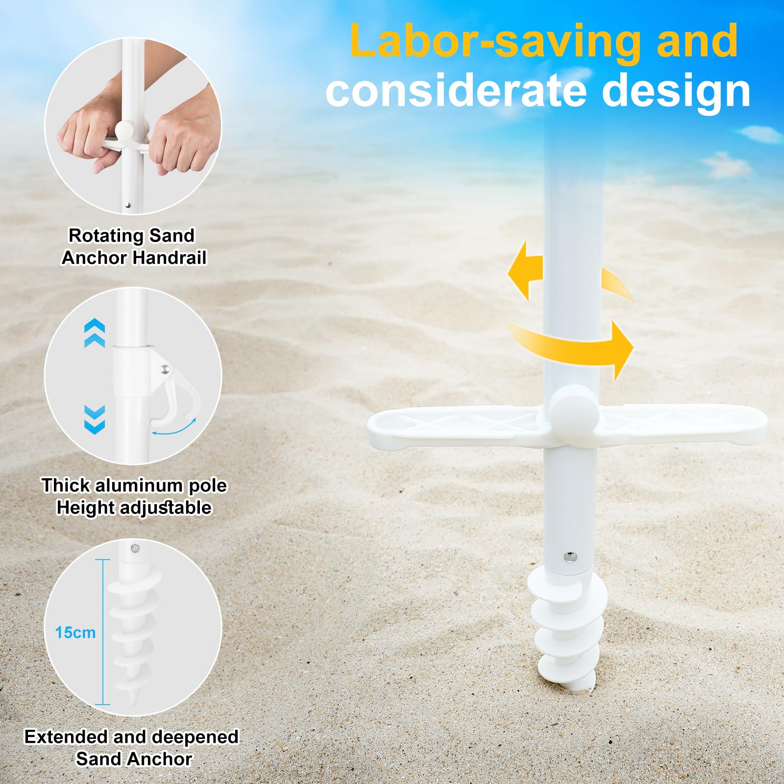 Grandekor 7FT Heavy Duty Windproof Beach Umbrella with Sand Anchor, Portable UV 50+ Sun Shade with Carry Bag & Side Table - Perfect for Beach Vacations, Poolside Relaxation, and Outdoor Picnics