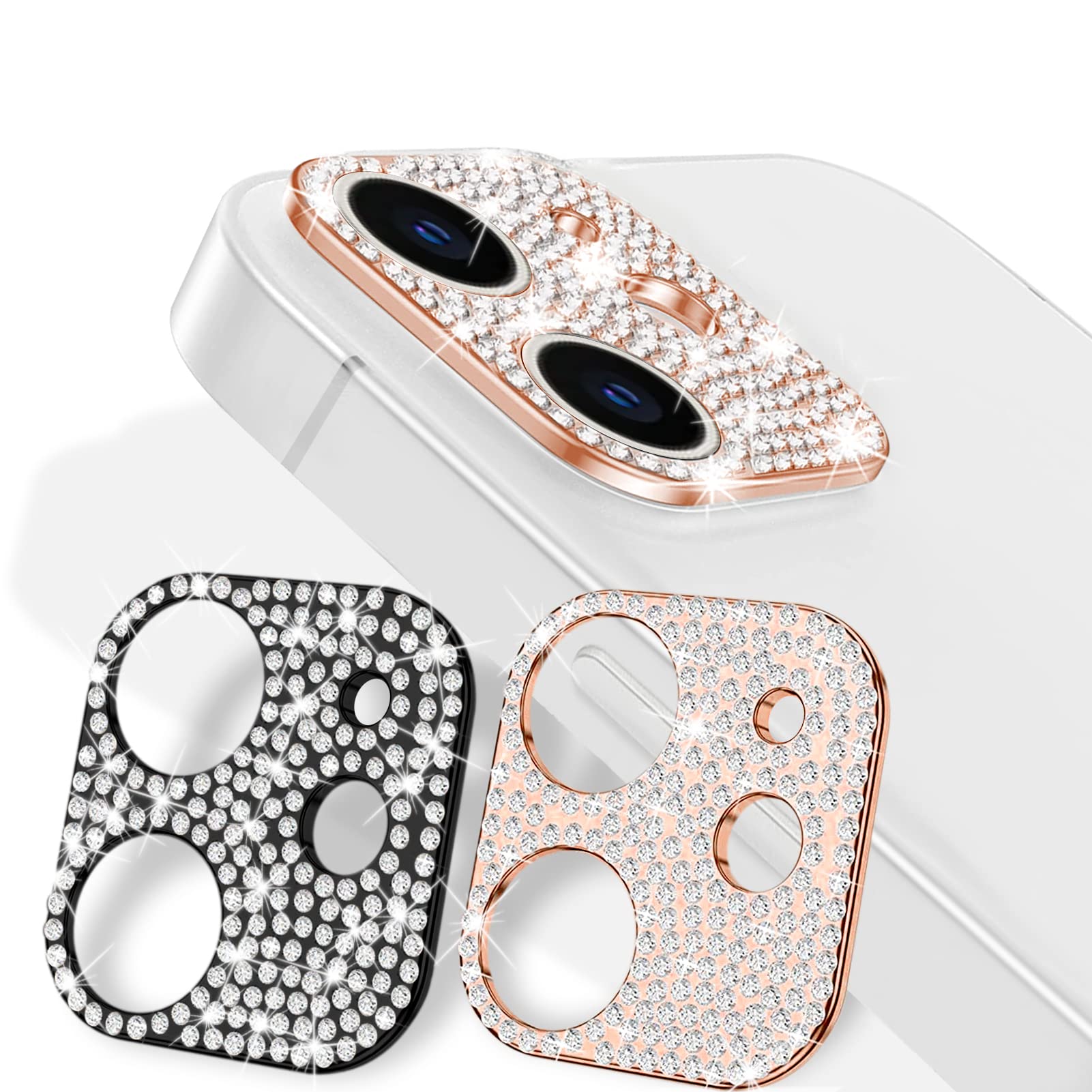 2 Pack Naiadiy Bling Crystal Diamonds iPhone 12 Camera Lens Protector - Alloy Metal, Scratch & Abrasion Resistant (Black + Rose Gold) - Perfect for Daily Protection & Style Enhancement