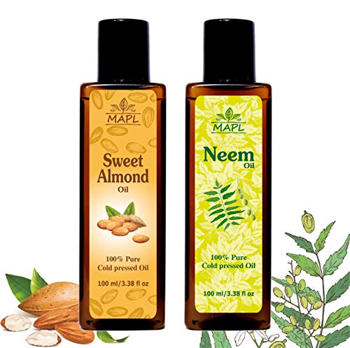 Organic Cold Pressed Almond Oil & Neem Oil Combo Pack - 100% Pure, Natural Hair & Skin Care Treatment for Dry Scalp, Dandruff, Acne & Moisturizing - Perfect for DIY Beauty, Massage & Aromatherapy