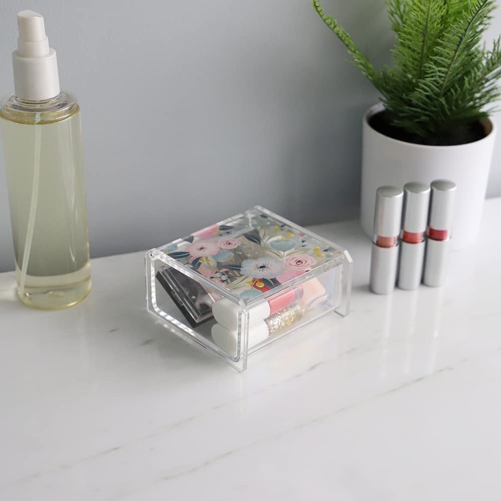 Floral Print Small Plastic Storage Box with Hinged Lid - Cosmetic & Jewelry Organizer for Nail Polish, Eyeshadow & Accessories | Perfect for Bedroom, Bathroom Vanity & Cabinet Organization