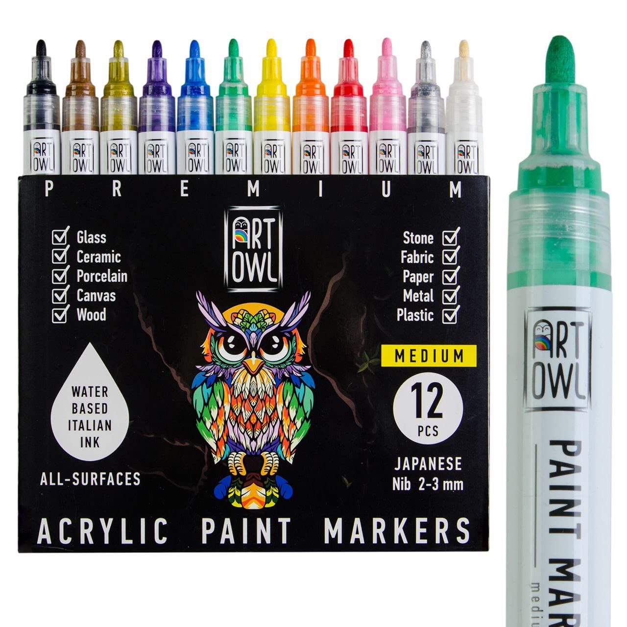 12 Acrylic Paint Pens Medium Tip Markers Set - Vibrant Colors for DIY Crafts, Drawing, Ceramics, Rock Painting & Calligraphy | Perfect for Artists, Kids & Home Decor Projects