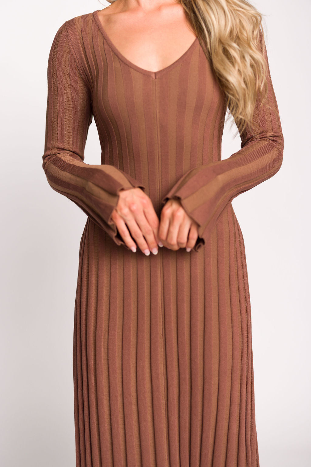 Hadley Long Sleeve V Neck Knit Maxi Dress in Cocoa - Women's Elegant Casual Maxi Dress for Fall & Winter | Perfect for Office, Date Night & Holiday Parties