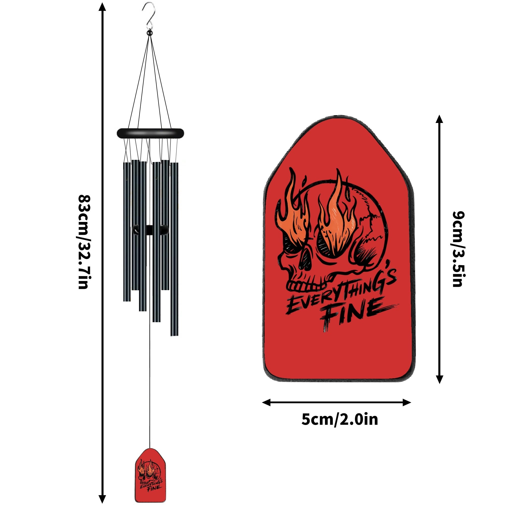 Everything's Fine Skull Black Memorial Wind Chime - Gothic Outdoor Decor for Garden, Patio & Home - Unique Sympathy Gift for Loss of Loved Ones