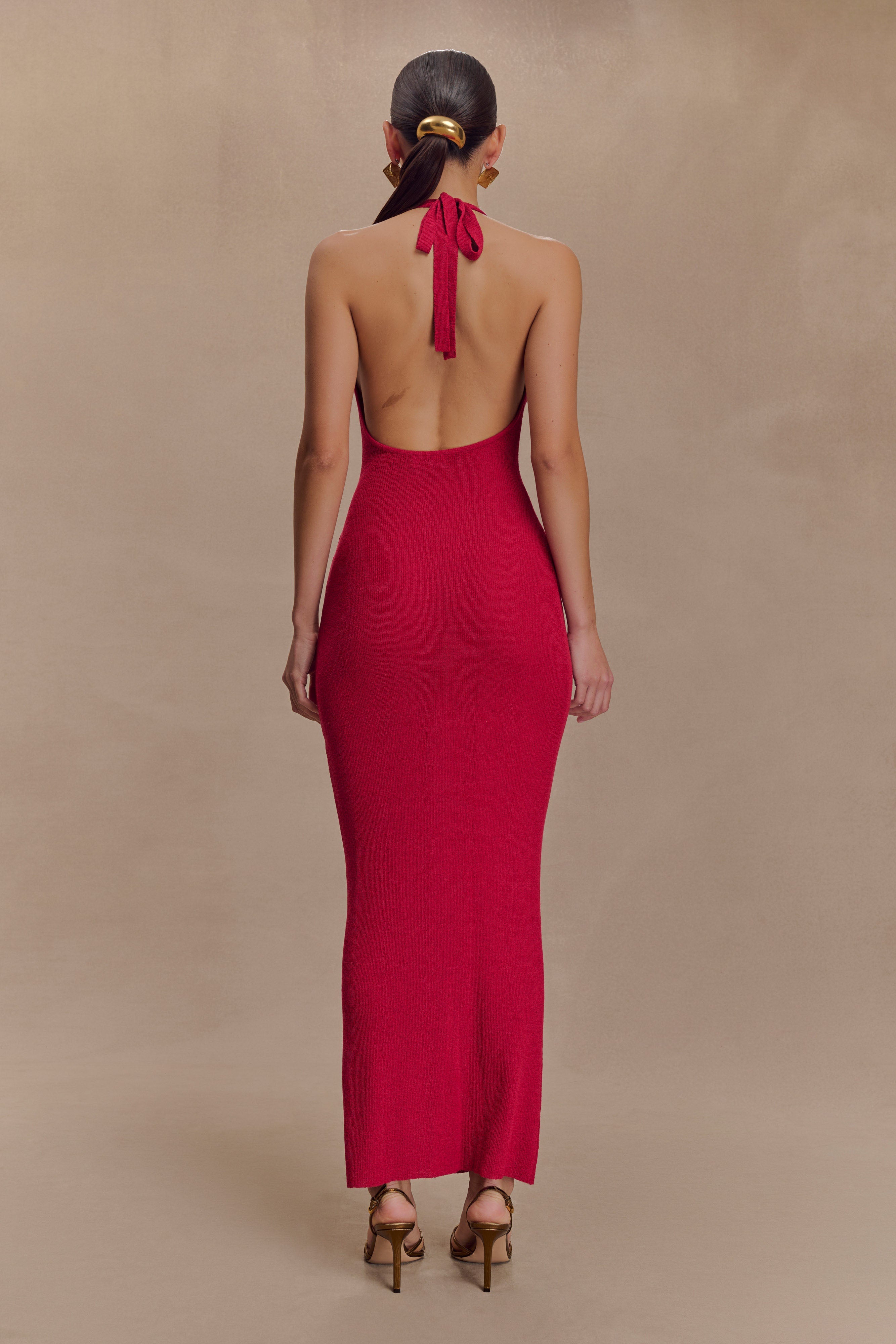 Ayella Cowl Neck Knit Maxi Dress for Women - Soft Stretchy Long Sleeve Elegant Bodycon Dress in Raspberry Red - Perfect for Fall Winter, Date Night & Holiday Parties