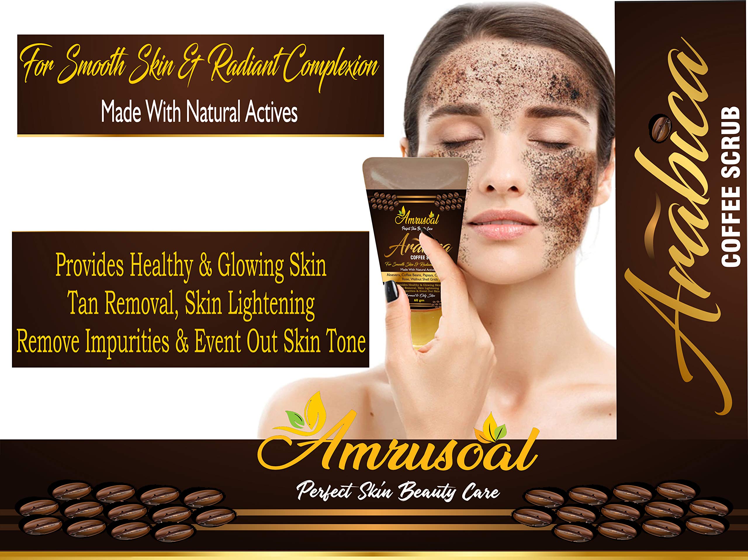 AMRUSOAL Arabica Coffee Face Scrub - Exfoliating & Deep Cleansing for Glowing Skin | Anti-Cellulite Body Scrub for Men & Women | Brightening Moisturizer with Fruit Extracts & Caffeine | Tan Removal Treatment - 60g | Perfect for Spa Day & At-Home Skincare Routine