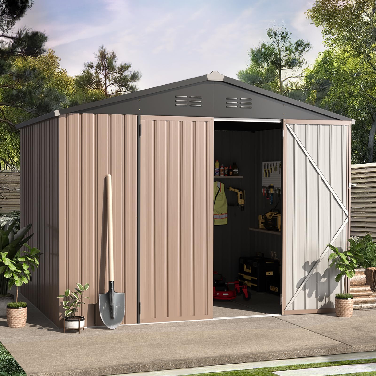AECOJOY 8' x 6' Outdoor Metal Storage Shed - 53 Sq.Ft Steel Garden Shed with Lockable Doors | Weather-Resistant Utility & Tool Storage for Backyard, Patio, Garage Organization | Perfect for Lawn Equipment, Gardening Tools & Seasonal Items