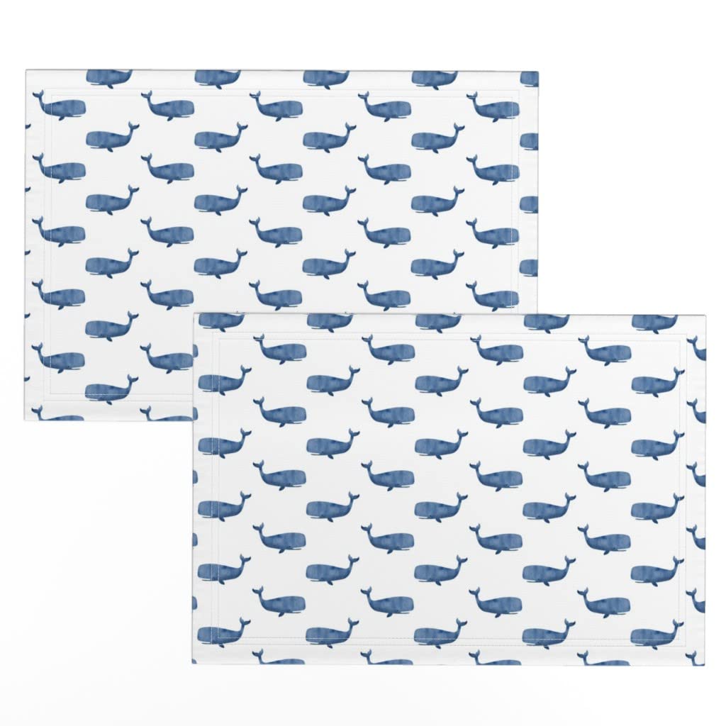 Watercolor Whale Print Linen Cotton Canvas Placemats Set of 2 - Blue & White Nautical Coastal Table Mats for Dining, Kitchen Decor, and Beach House Entertaining
