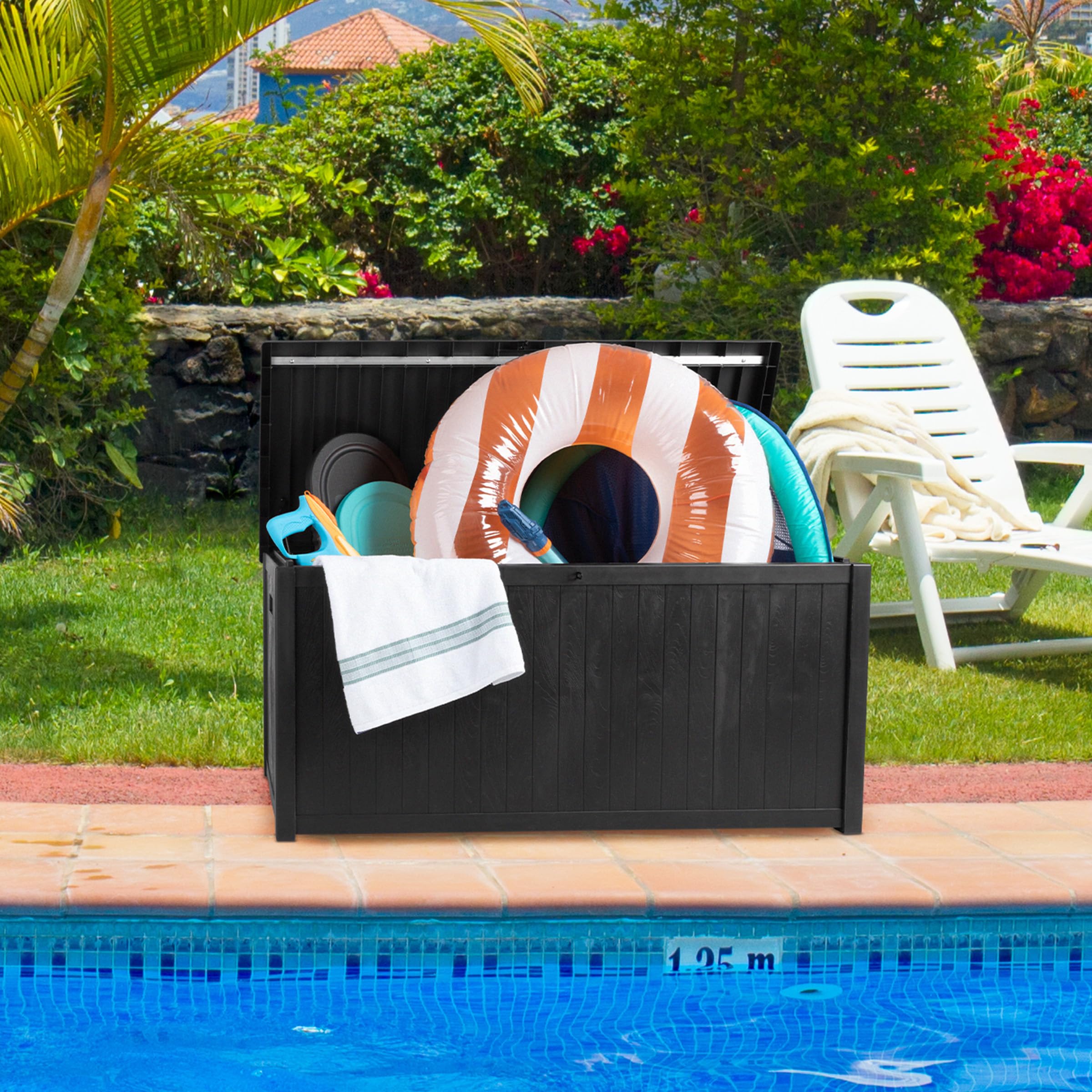 **113 Gallon Waterproof Outdoor Storage Box - Lockable Deck Box for Pool Accessories, Patio Furniture Cushions & Package Deliveries - Black - Ideal for Backyard, Garden & Poolside Storage**