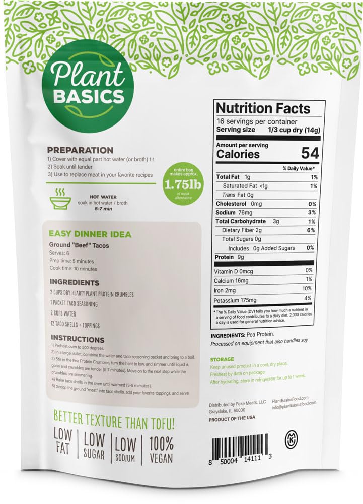 Hearty Plant Protein Crumbles - Unflavored, 8 oz (Pack of 6) | Pea-Based, Non-GMO, Gluten-Free, Low Fat & Sodium | Vegan Meat Substitute for Burgers, Tacos & Pasta Dishes