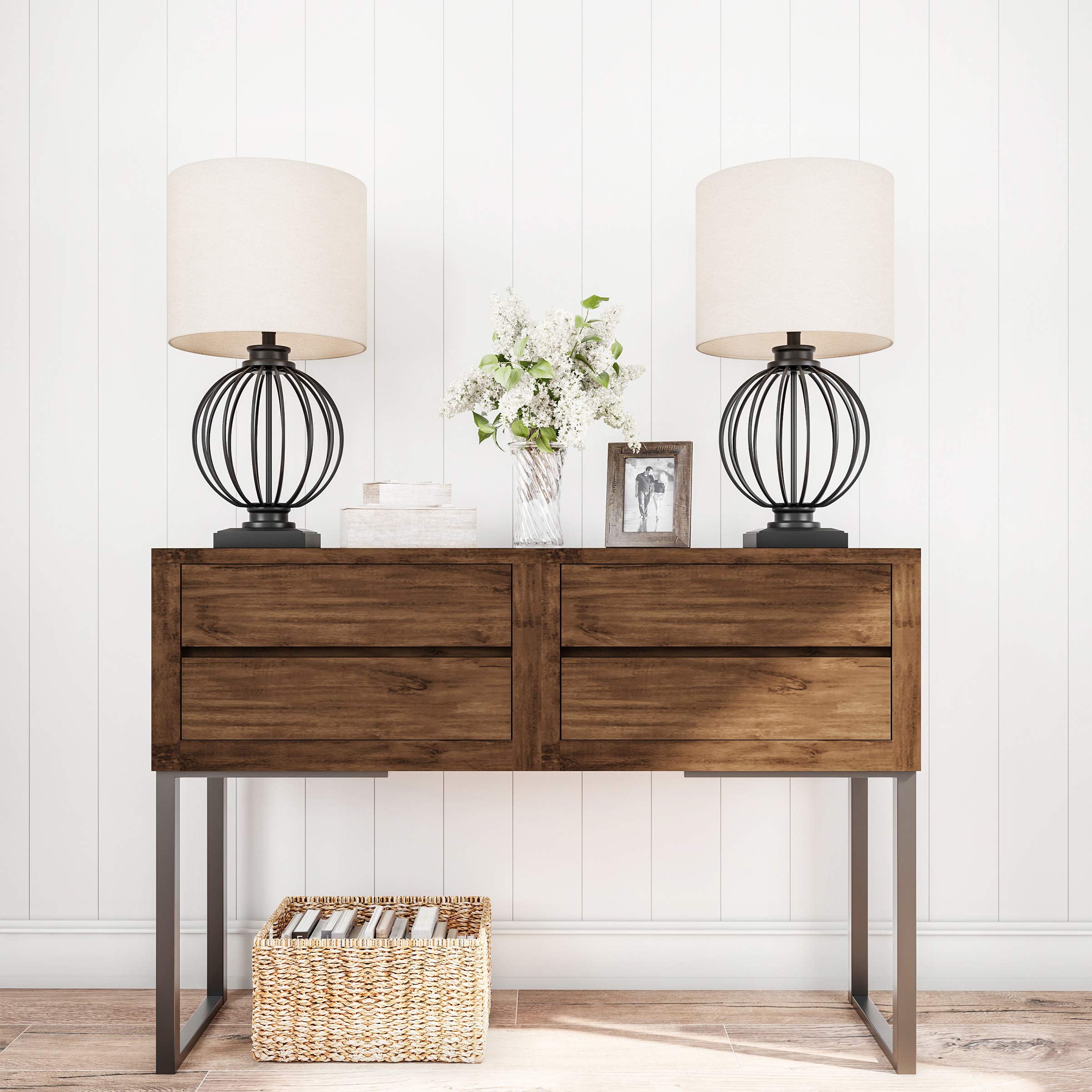 Modern Wrought Iron Table Lamps Set of 2 - Rustic Farmhouse Cage Design with LED Bulbs - Black Open Cage Lighting for Living Room, Bedroom, Office or Dining Room - Perfect for Cozy Reading Nook & Nightstand Decor by Lavish Home