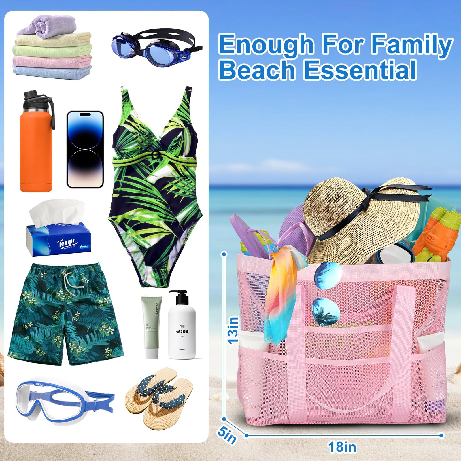 Waterproof Mesh Beach Tote Bag for Women & Family - Large 9-Pocket Organizer for Swimwear, Towels & Essentials | Perfect for Pool, Vacation & Summer Travel