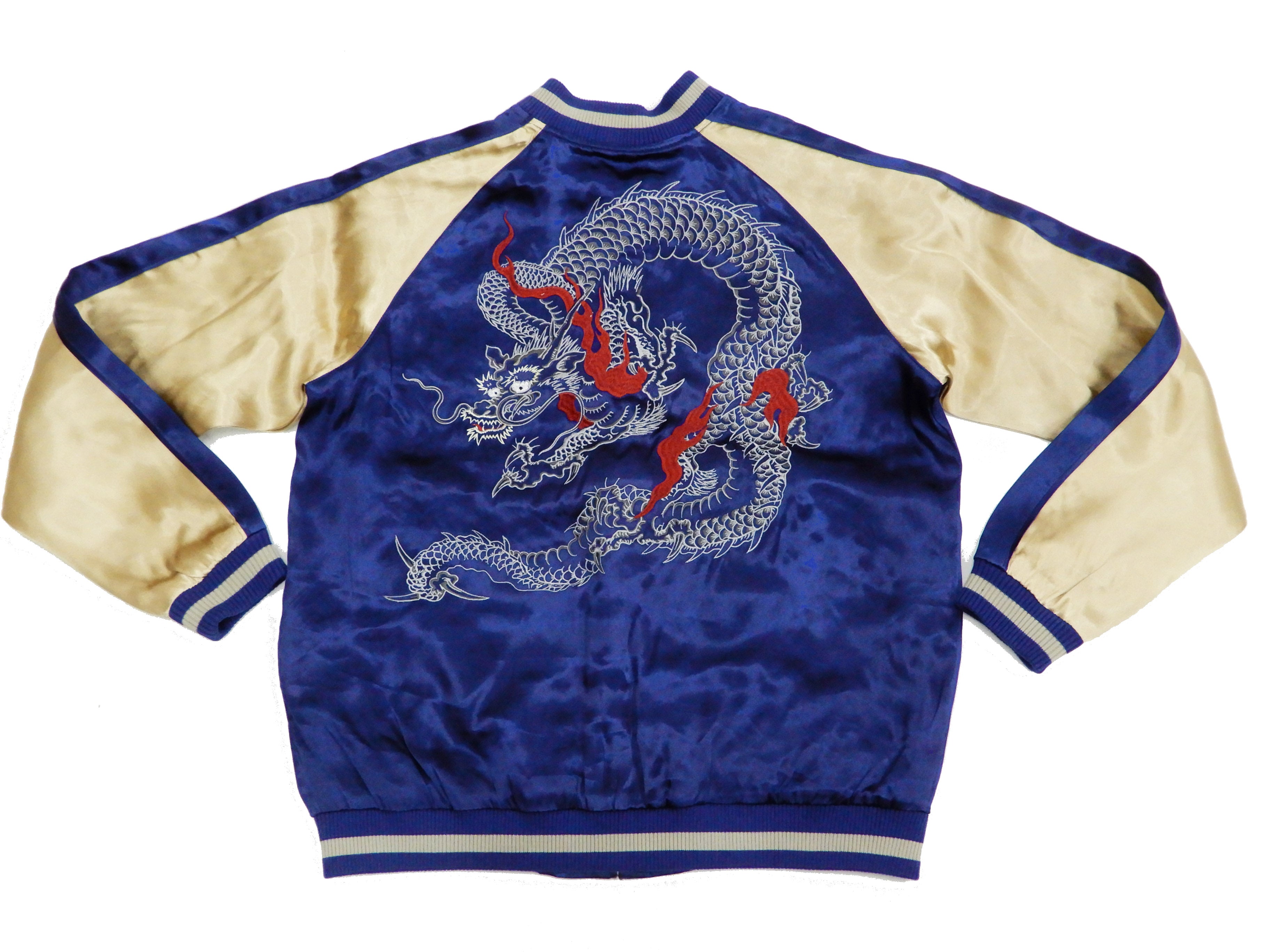 Japanese Souvenir Jacket for Men - Navy Blue/Beige Dragon Embroidery Sukajan Bomber Jacket 3RSJ 024 | Vintage Asian Streetwear, Casual Wear & Festival Fashion