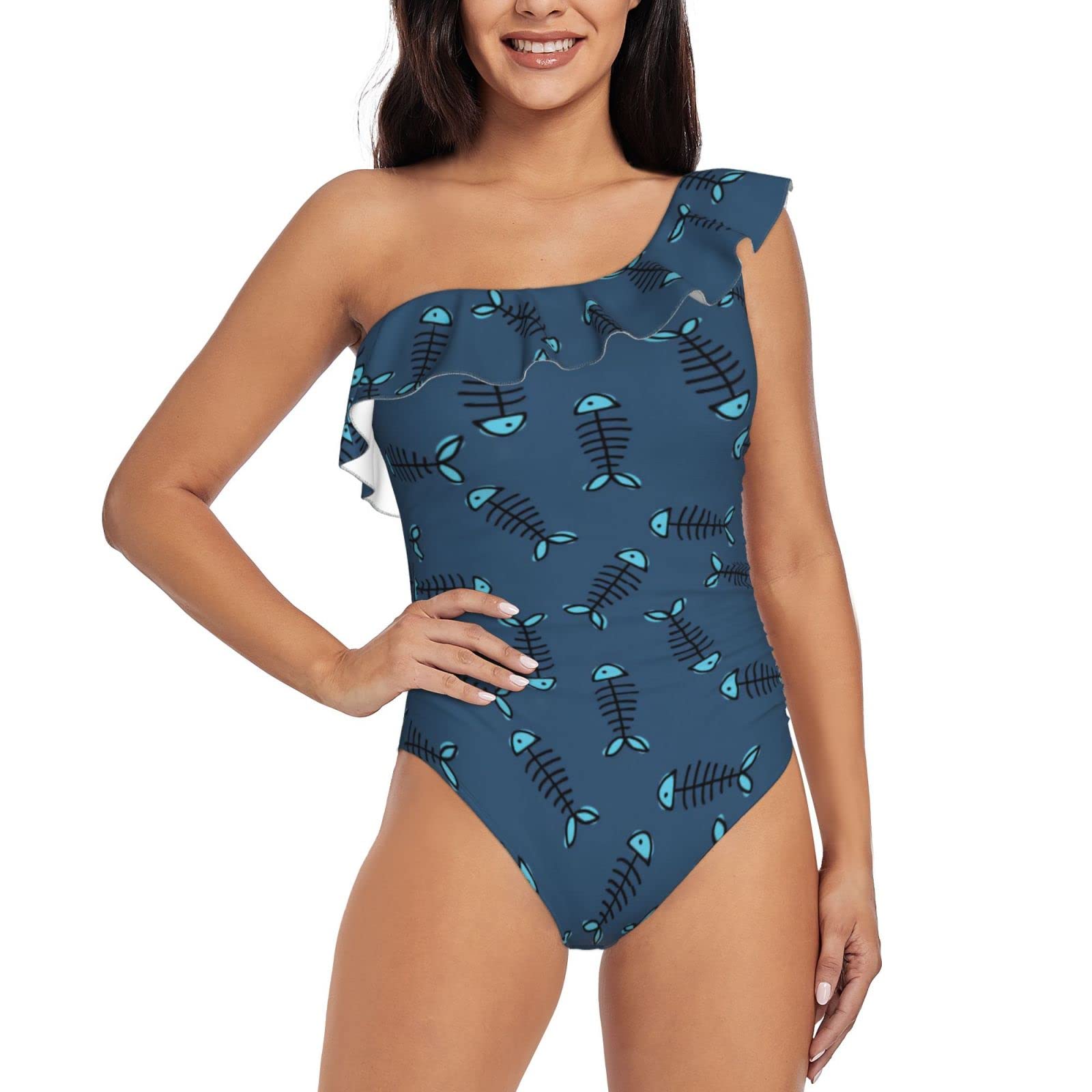 Women's One Shoulder Asymmetric Ruffle Monokini Swimwear - Fish Skeleton Design One Piece Bathing Suit for Beach, Pool & Summer Vacations