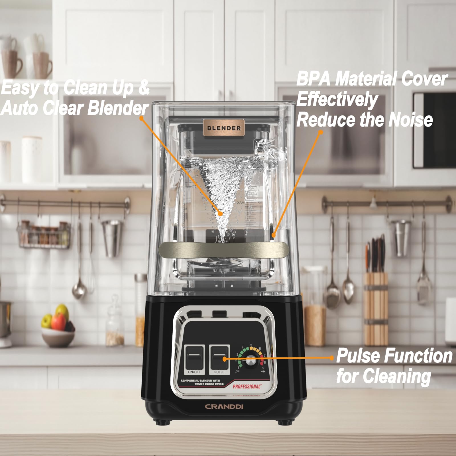 CRANDDI 2200W Commercial Smoothie Blender - Professional Countertop Blender with Removable Shield, 52oz BPA-Free Jar for Shakes, Smoothies & Frozen Drinks - Self-Cleaning K80 (Black) - Perfect for Restaurants, Juice Bars & Home Kitchens