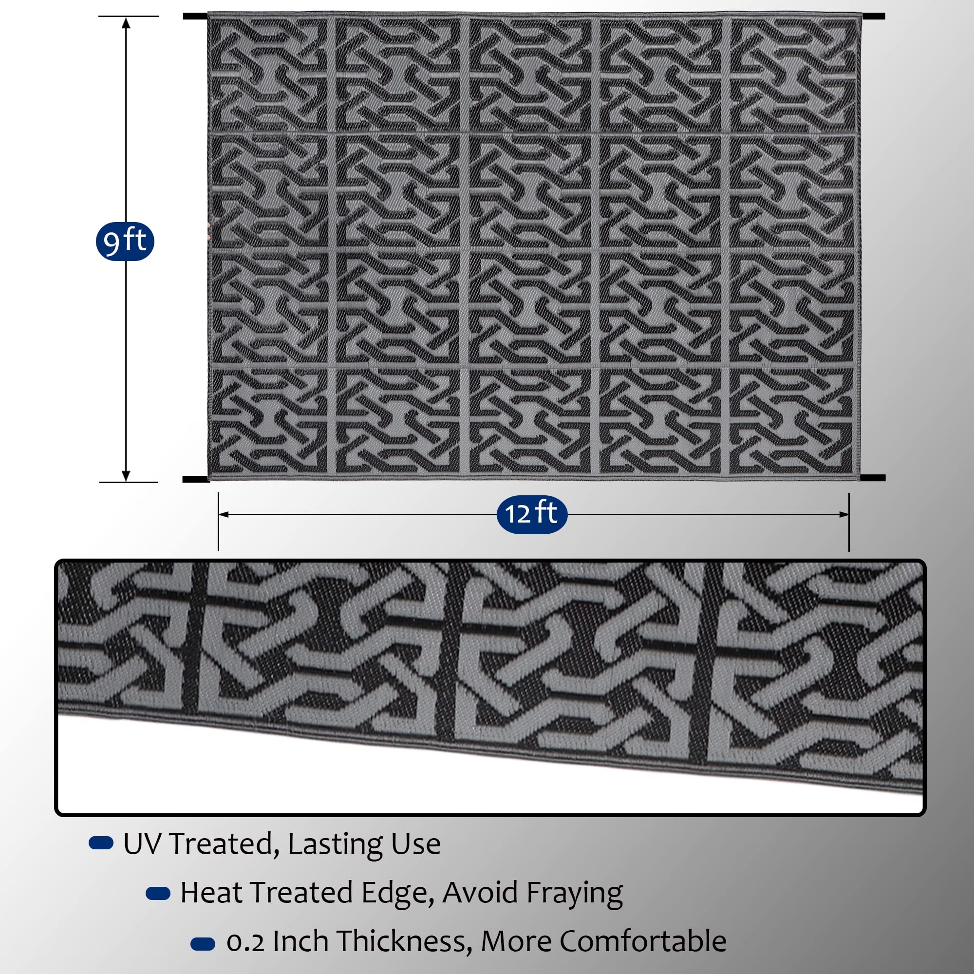 Reversible Outdoor Patio Rugs - 9'x12' Plastic Straw Floor Mat for RV, Deck, Backyard, Camping & Trailer - Modern Chain Black & Grey Design - Waterproof & Durable for All Weather Use