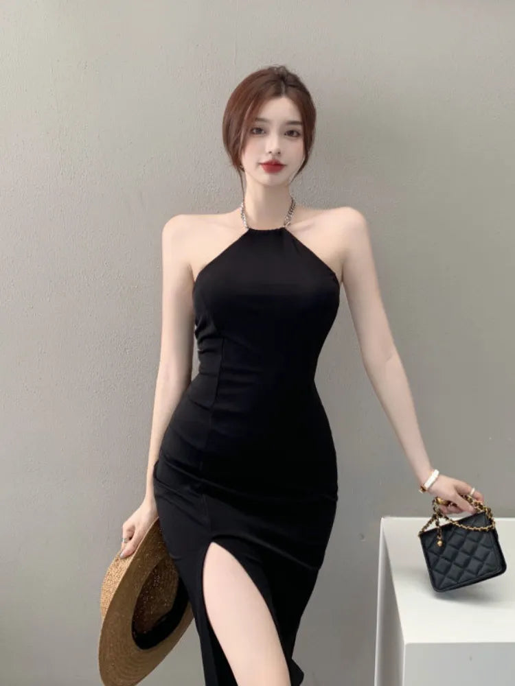 Vintage Black Chain Halter Dress - Elegant Off Shoulder Backless Bodycon Evening Gown with High Slit for Party, Club, Prom & Date Night