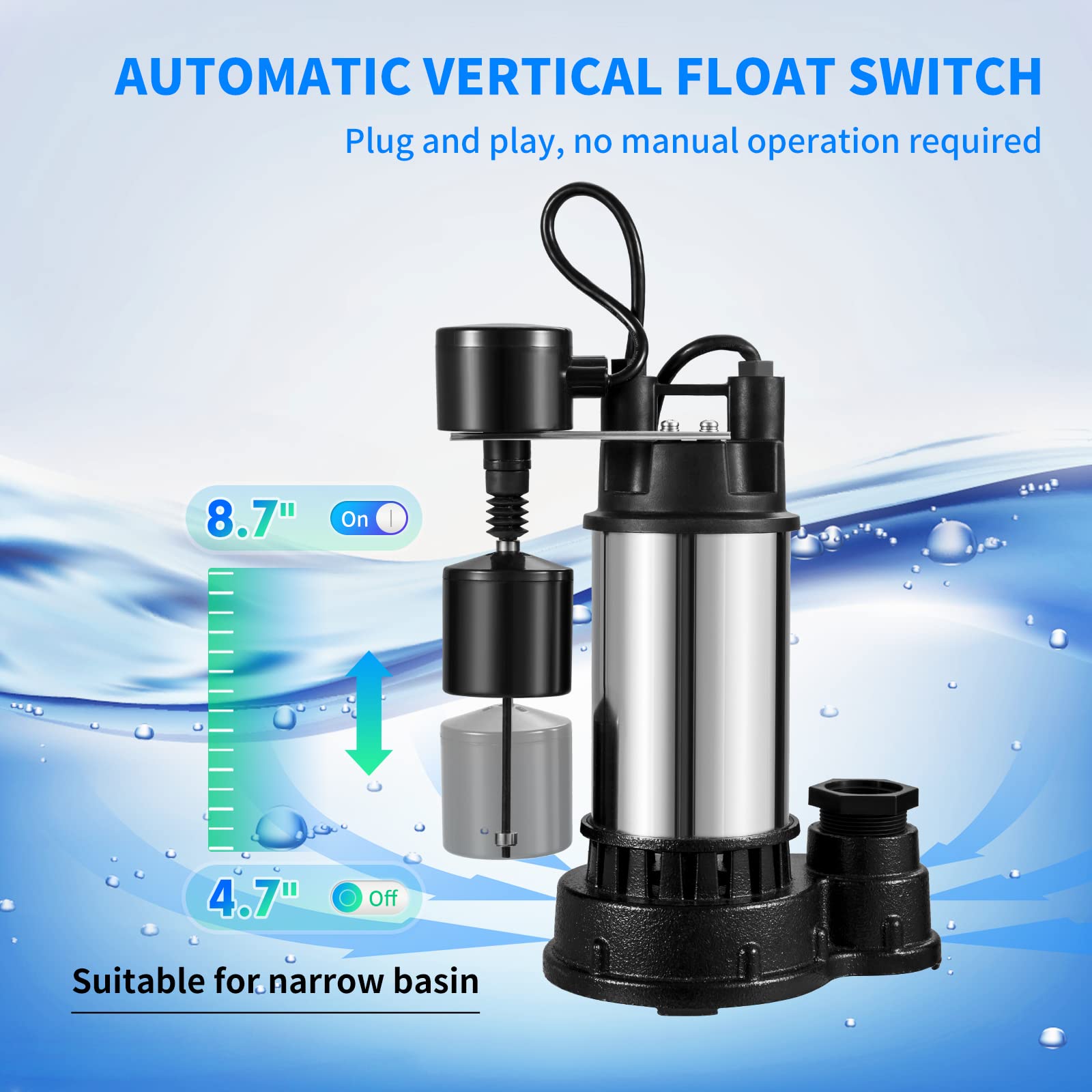 VEVOR 1.5 HP Submersible Sump Pump 6000 GPH - Cast Iron & Steel Construction with Vertical Float Switch - Heavy Duty Water Pump for Basement, Flooding Areas, Crawl Spaces & Emergency Water Removal
