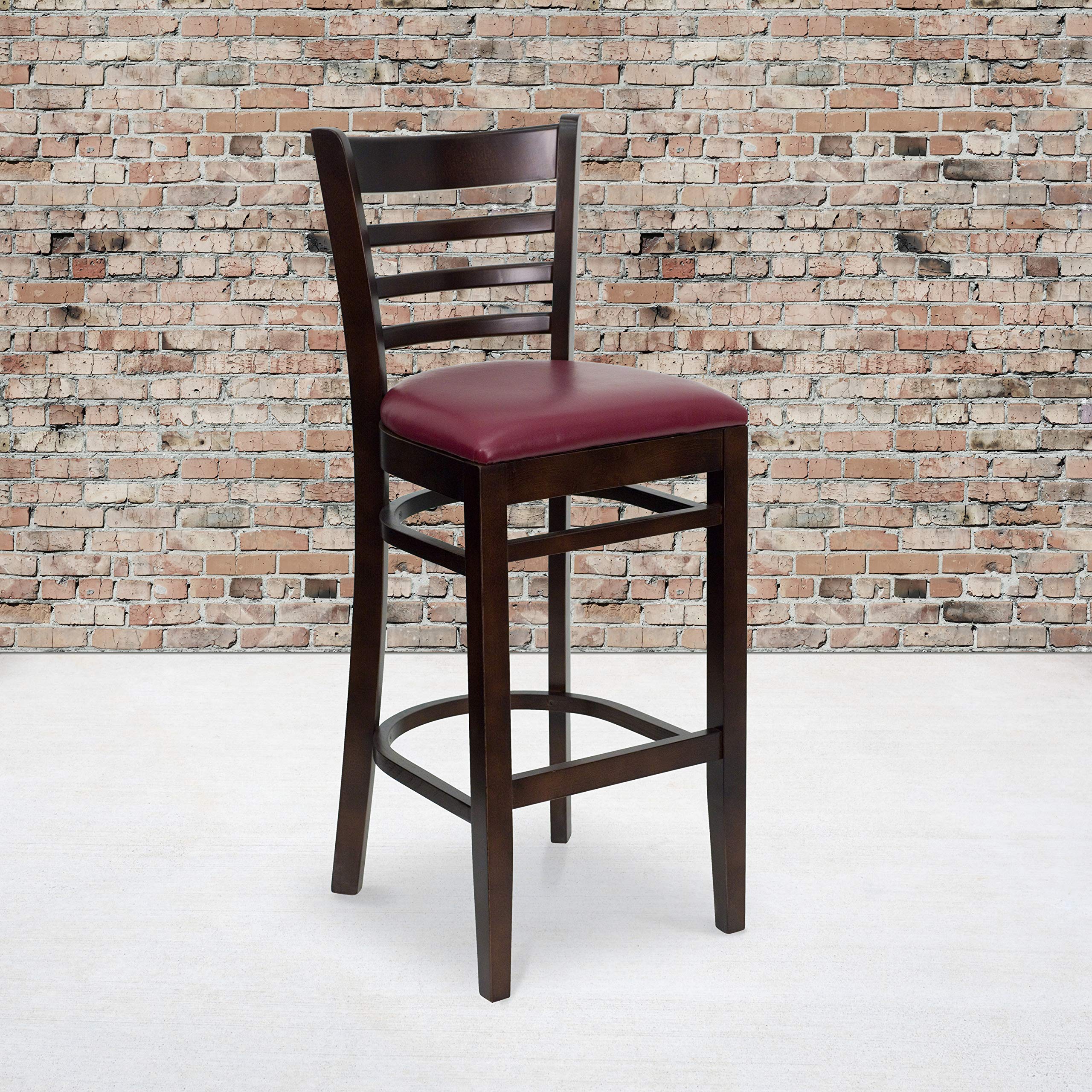 2 Pack Walnut Wood Bar Stools with Burgundy Vinyl Upholstered Seats - Rustic Ladder Back Design for Kitchen Island, Breakfast Bar & Restaurant Counter Stools - Durable & Comfortable Dining Chairs