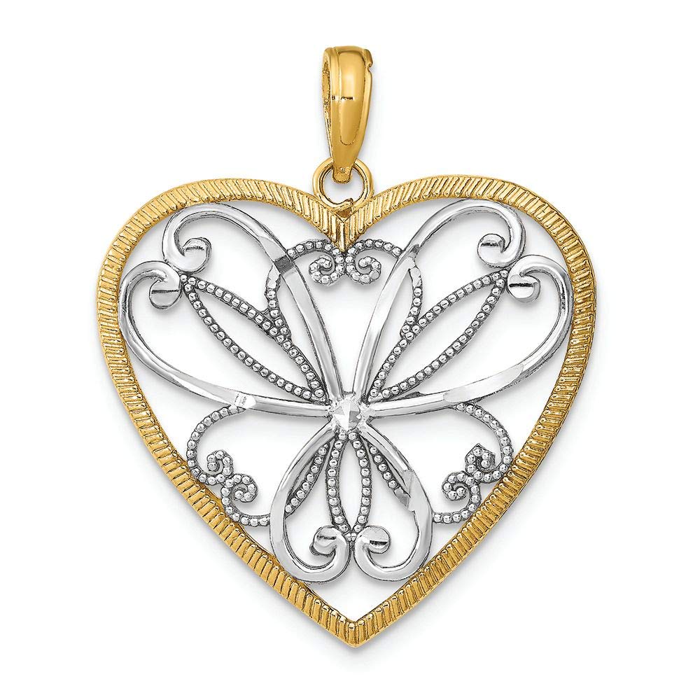 14K Two-Tone Gold Heart Filigree Pendant Charm - Elegant Yellow & White Gold Jewelry for Women - Perfect for Valentine's Day Gifts, Anniversary Presents & Everyday Wear