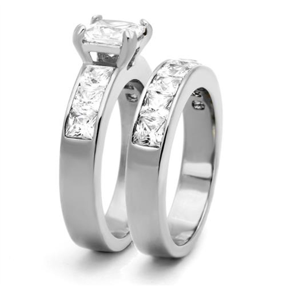 Marimor His & Her Wedding Ring Set - 3 Piece Stainless Steel Princess Cut Wedding Bands for Couples - Perfect for Anniversaries, Engagements & Romantic Gift Giving