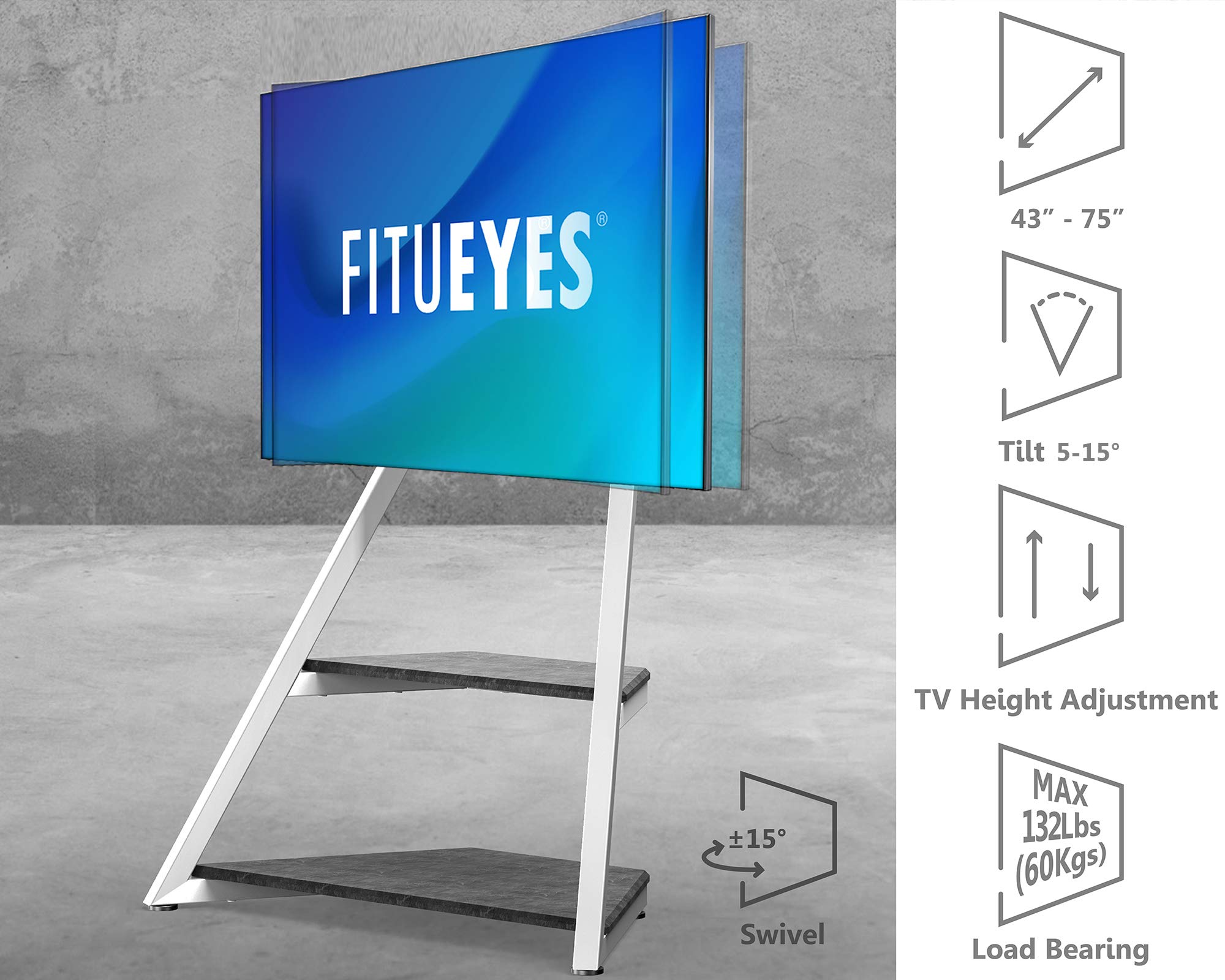 FITUEYES Eiffel Series Modern TV Stand for 43-75 Inch Flat/Curved Screens - White Wooden Storage Shelves TV Cart Floor Stand with Mount for LCD/LED TVs | Living Room, Bedroom, Office Entertainment Center