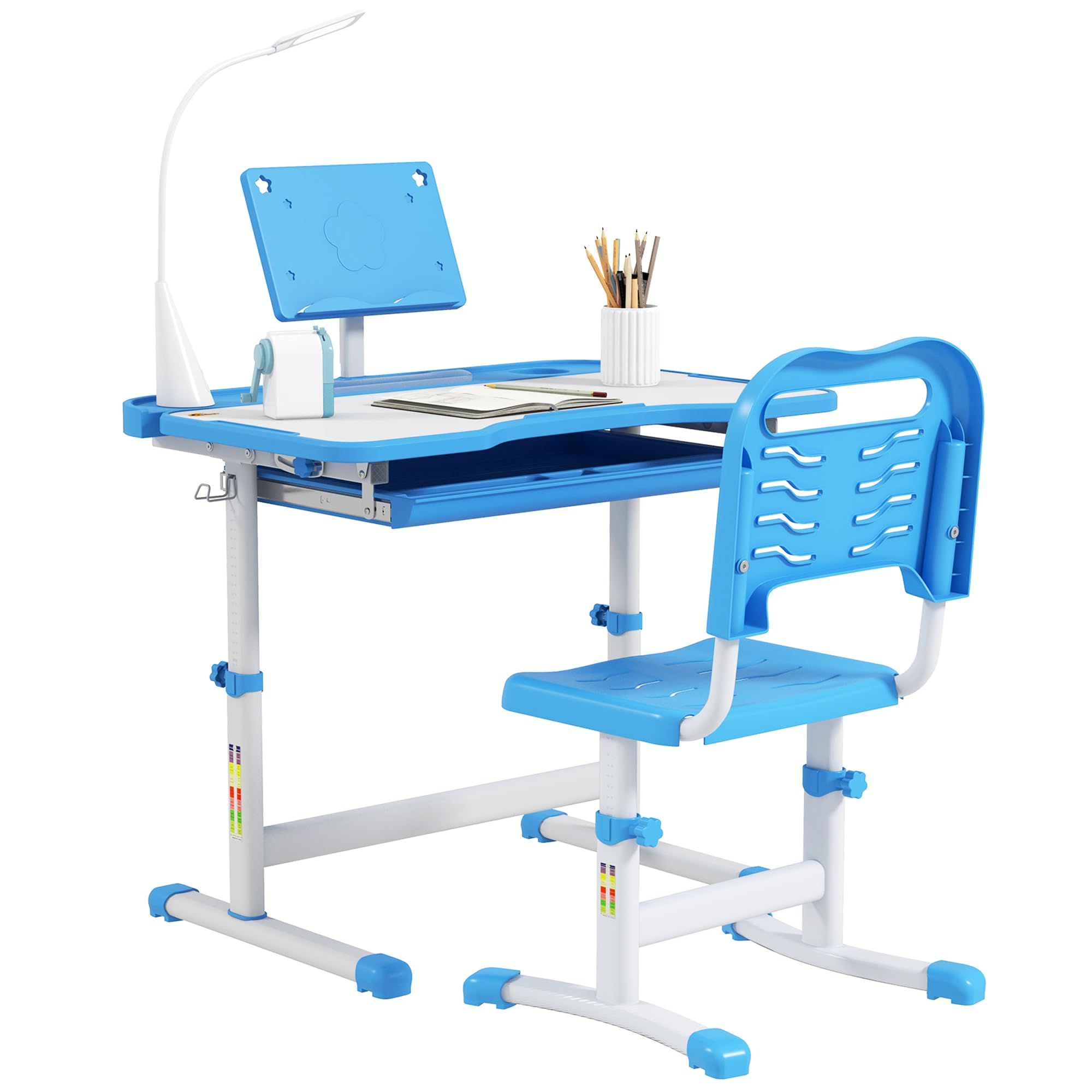 Qaba Adjustable Kids Desk and Chair Set with Tilt Desktop, USB Light & Storage Drawer - Ergonomic Study Table for Children's Homework, Drawing, Arts & Crafts (Blue & White) - Perfect for Homeschooling, Online Learning & Creative Play Spaces