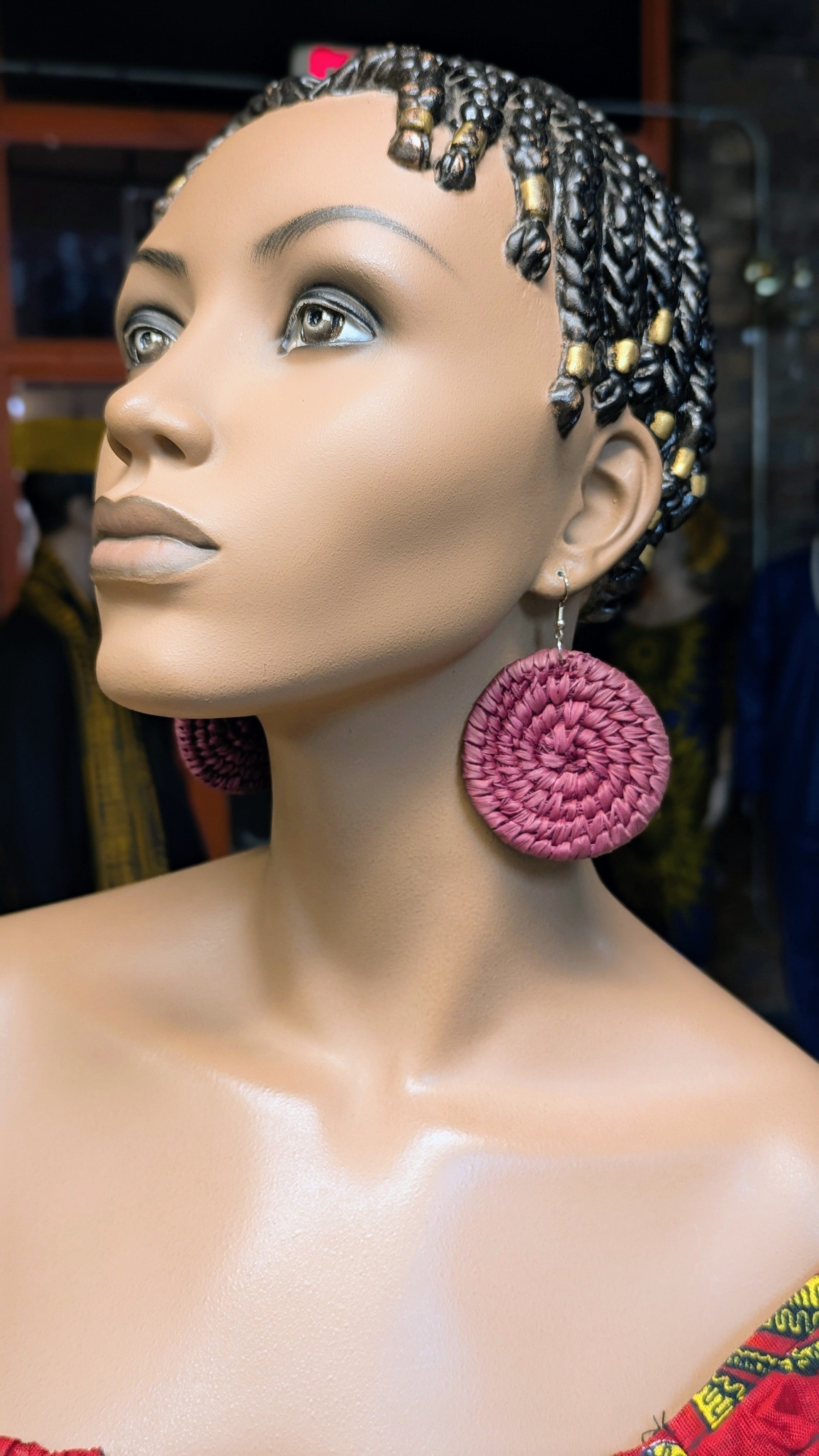 Dupsie's Masai Moyo Wine African Raffia Circular Hook Earrings DPJAERW5 - Handmade Beaded Ethnic Jewelry for Women, Boho Chic Accessories - Perfect for Weddings, Parties & Cultural Events