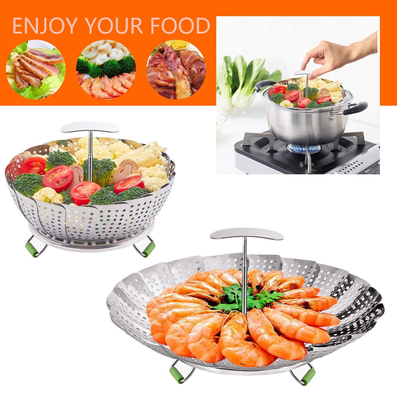 Stainless Steel Expandable Steamer Basket for Vegetables, Fish & Seafood - Fits 5.9