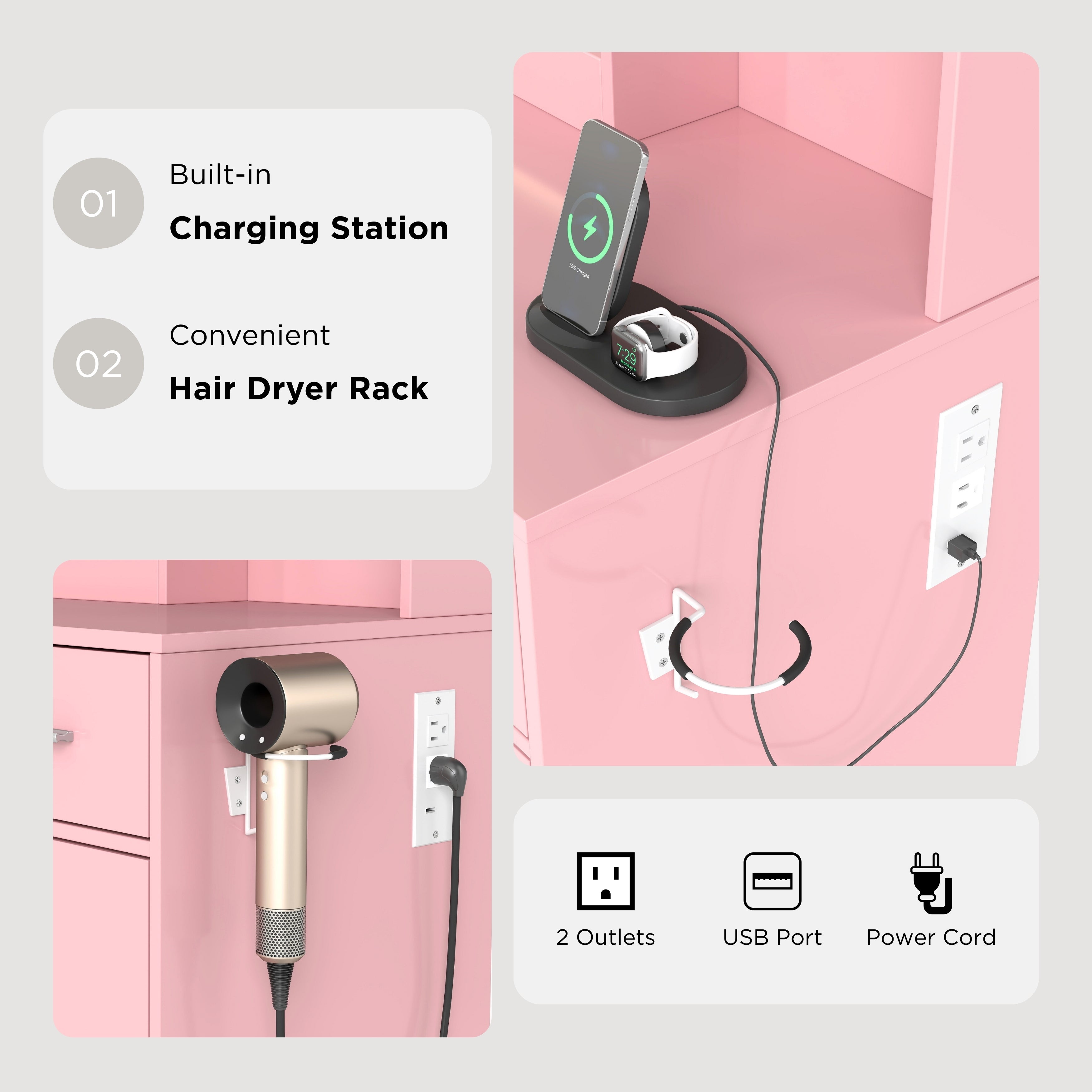 Roundhill Furniture Lavin Makeup Vanity Set with LED Light Mirror & Charging Station - White Vanity Desk & Stool for Bedroom, Dressing Room & Beauty Salon | Modern Makeup Table with Storage & USB Ports