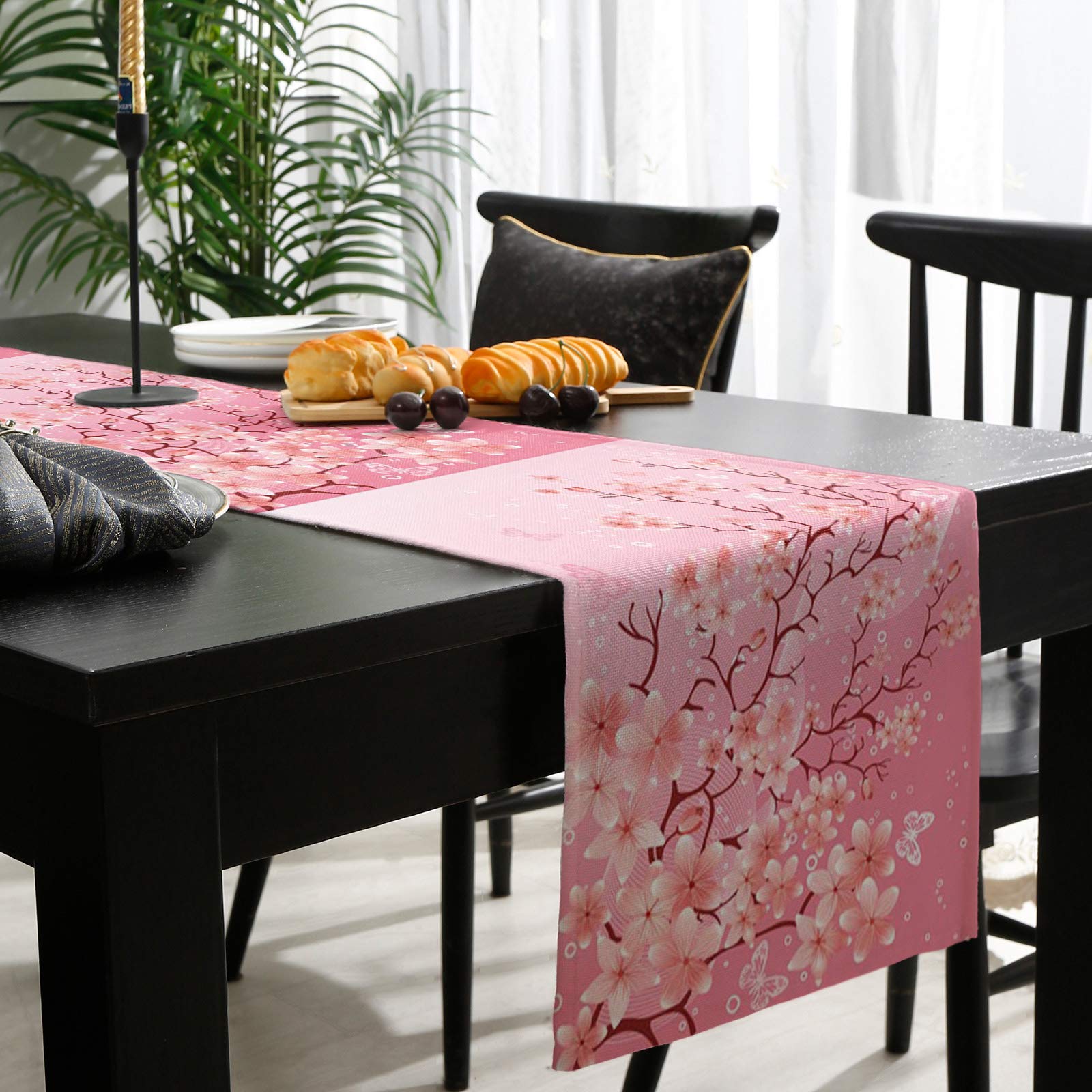 90 Inch Pink Cherry Blossom Burlap Table Runner with Floral Butterfly Design - Elegant Bed Runner, Dresser Scarf for Indoor/Outdoor Weddings, Parties & Home Decor (13