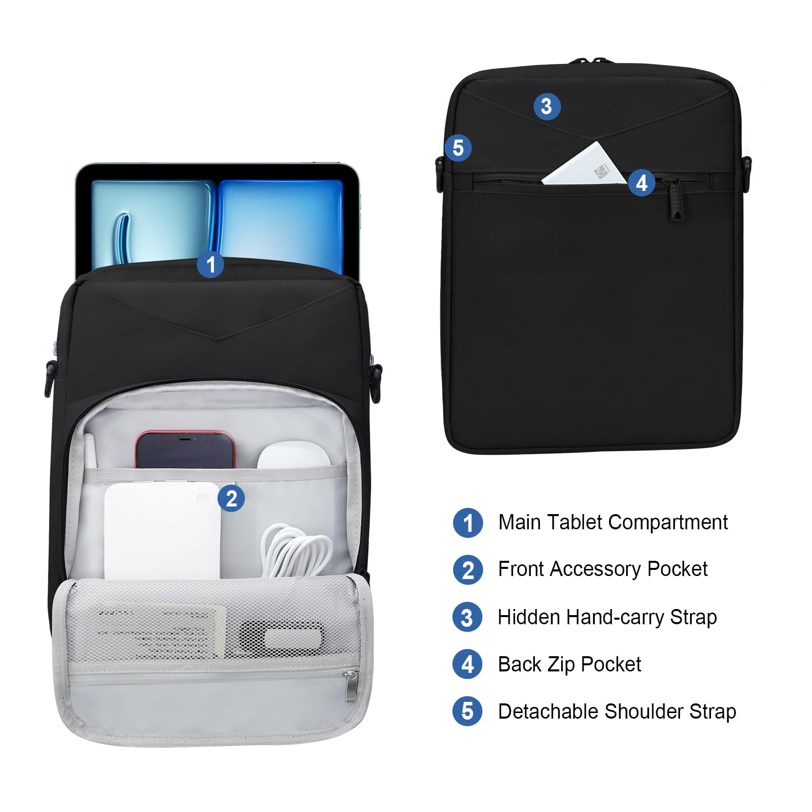 12.9 Inch Tablet Sleeve Bag - Shockproof Padded Case for iPad Pro 13 (M4), iPad Air 13 (M2), Surface Pro 9 & Galaxy Tab S9+ 12.4 - Travel-Friendly with Adjustable Shoulder Strap (Black) - Perfect for Business, Commuting & Airplane Travel
