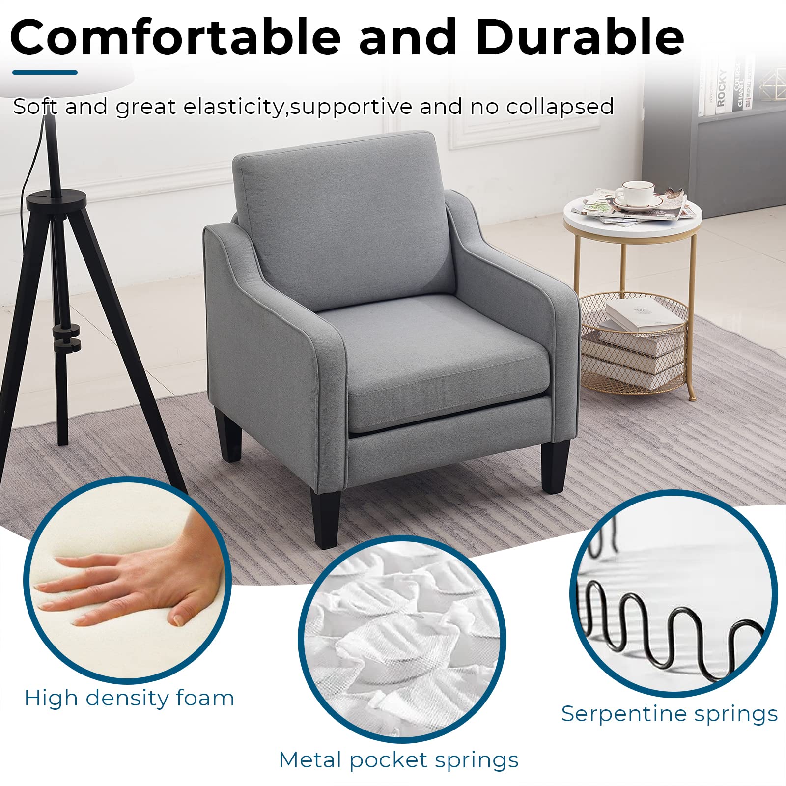 VINGLI Mid Century Modern Accent Chair - Grey Upholstered Armchair for Living Room, Bedroom & Small Spaces - Comfy Reading Chair & Sofa Chair - Perfect for Relaxing, Reading & Home Decor