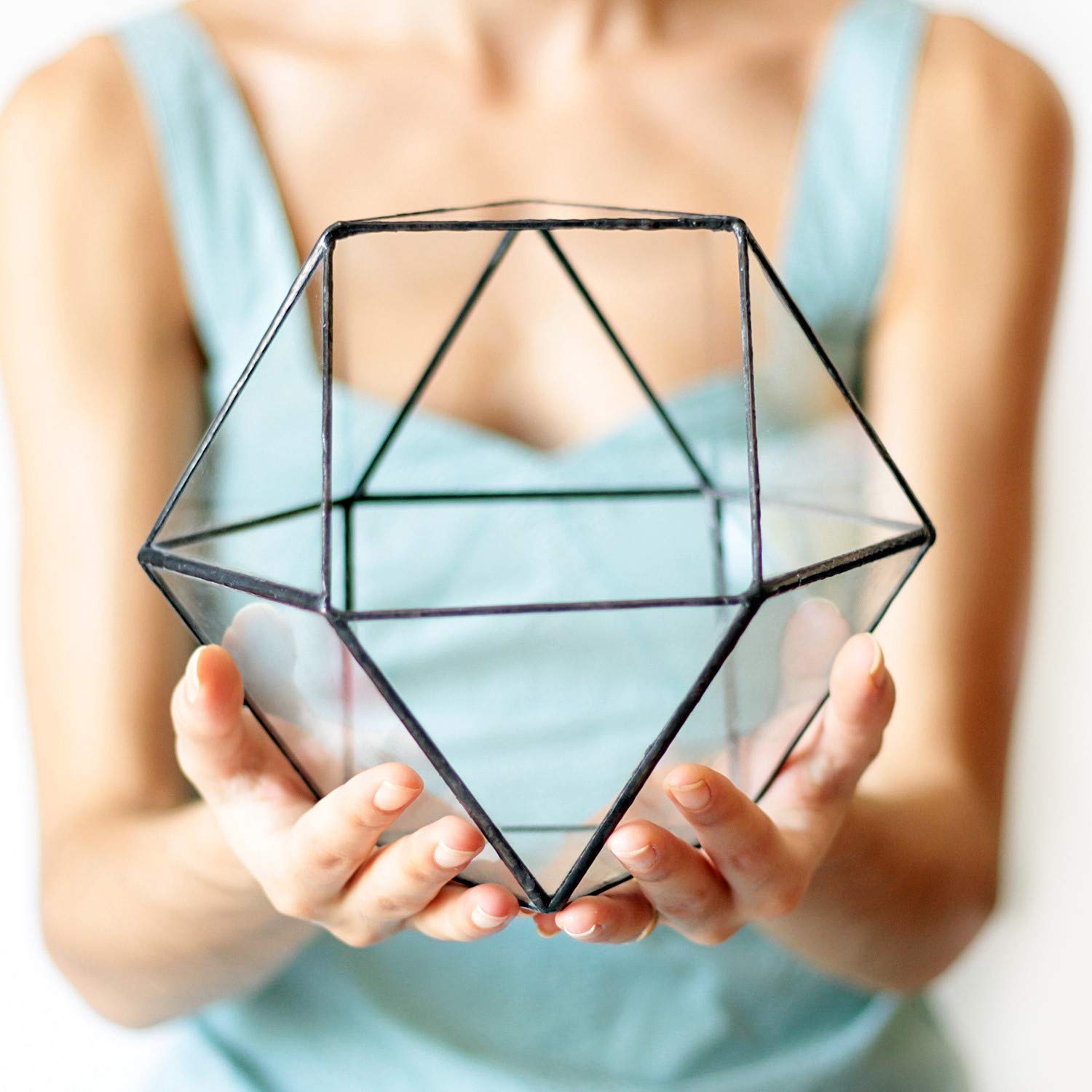 Waen Terrarium Collection - Medium Glass Geometric Terrarium Container (Cuboctahedron) in Copper, Silver & Black | Perfect for Succulents, Air Plants & Home Decor