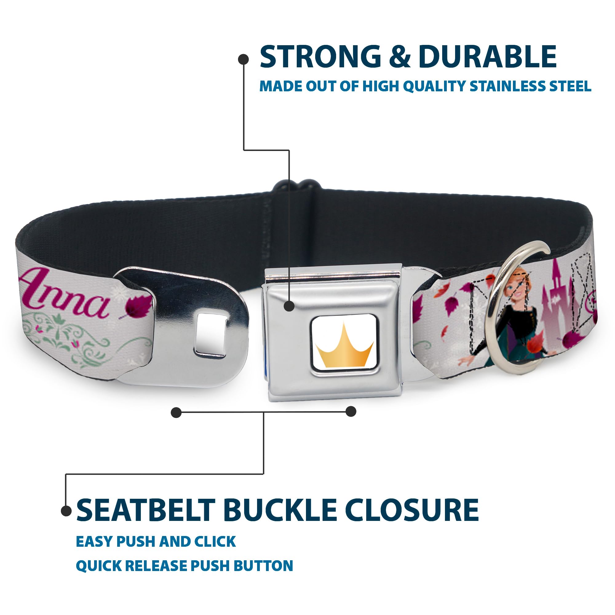 Frozen Anna Dog Collar with Seatbelt Buckle - Floral Design & Script in Gray & Pink - Adjustable 9.5 to 13 Inches, 1.0 Inch Wide - Perfect for Disney Costumes, Cosplay & Pet Safety in Cars