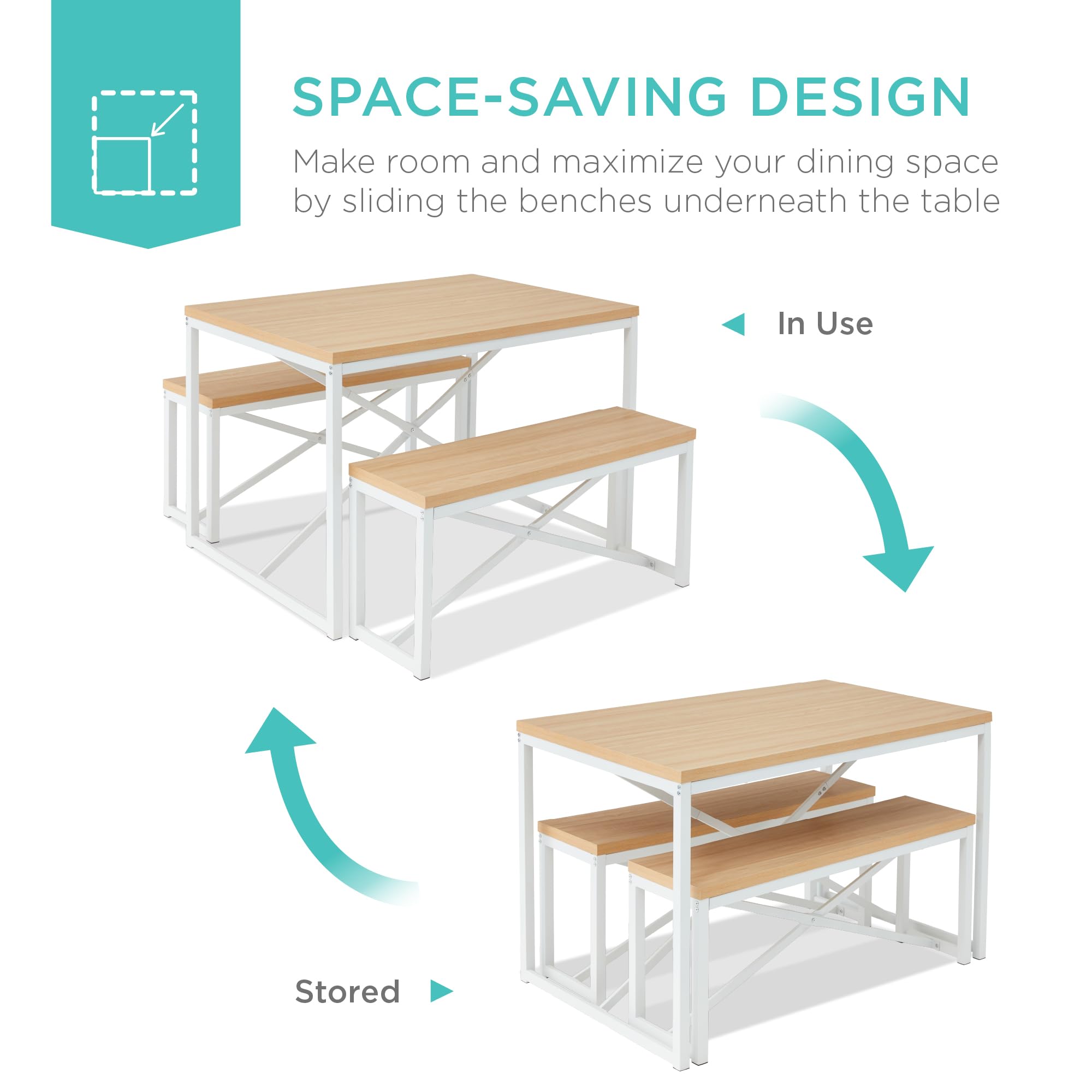 Best Choice Products 45.5in 3-Piece Space-Saving Dining Set with Table & 2 Benches - Oak/White Finish for Kitchen, Breakfast Nook or Small Dining Room | Compact 4-Person Dinette Furniture for Apartments & Cozy Homes
