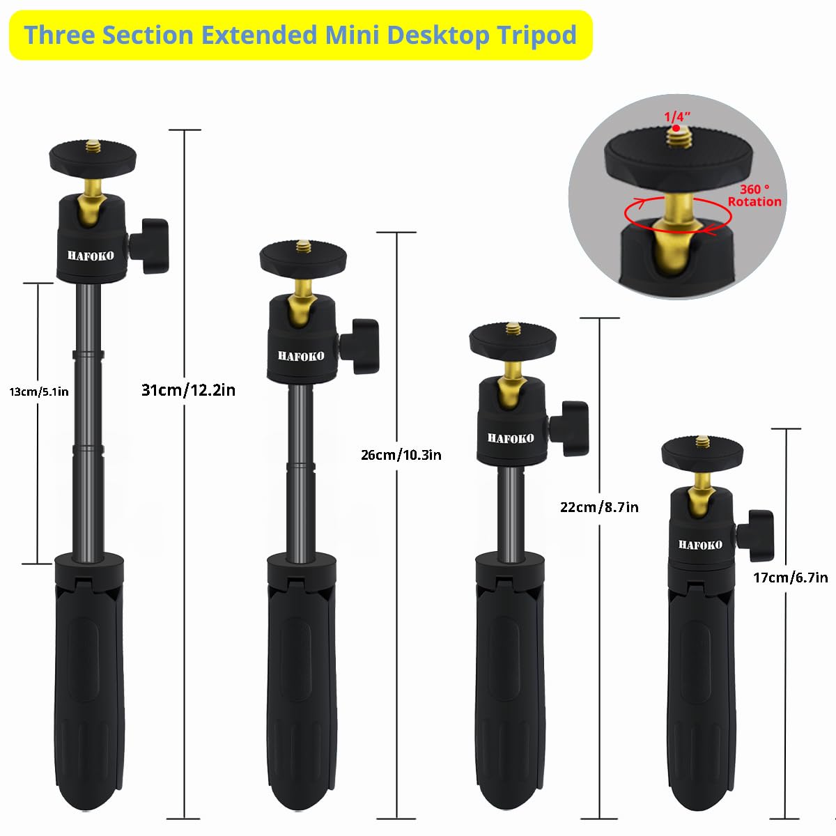 HAFOKO MT-08 Mini Camera Tripod Stand - Extendable Selfie Stick & Smartphone Tripod with 1/4
